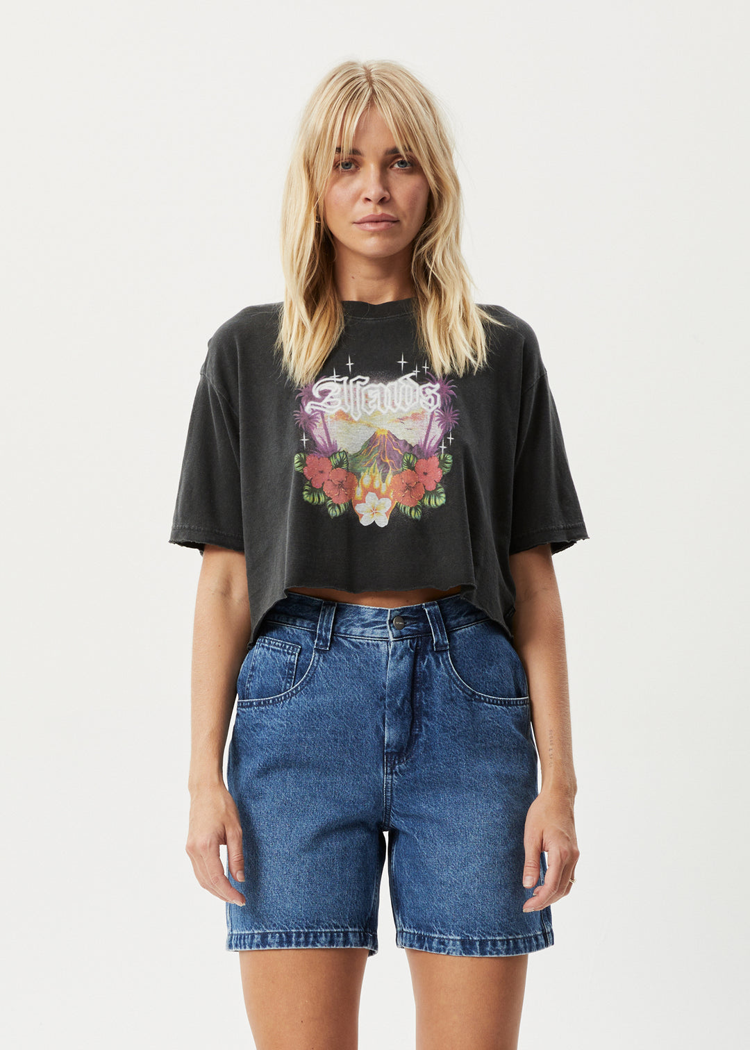 AFENDS Womens Holiday - Slay Cropped T-Shirt - Stone Black 