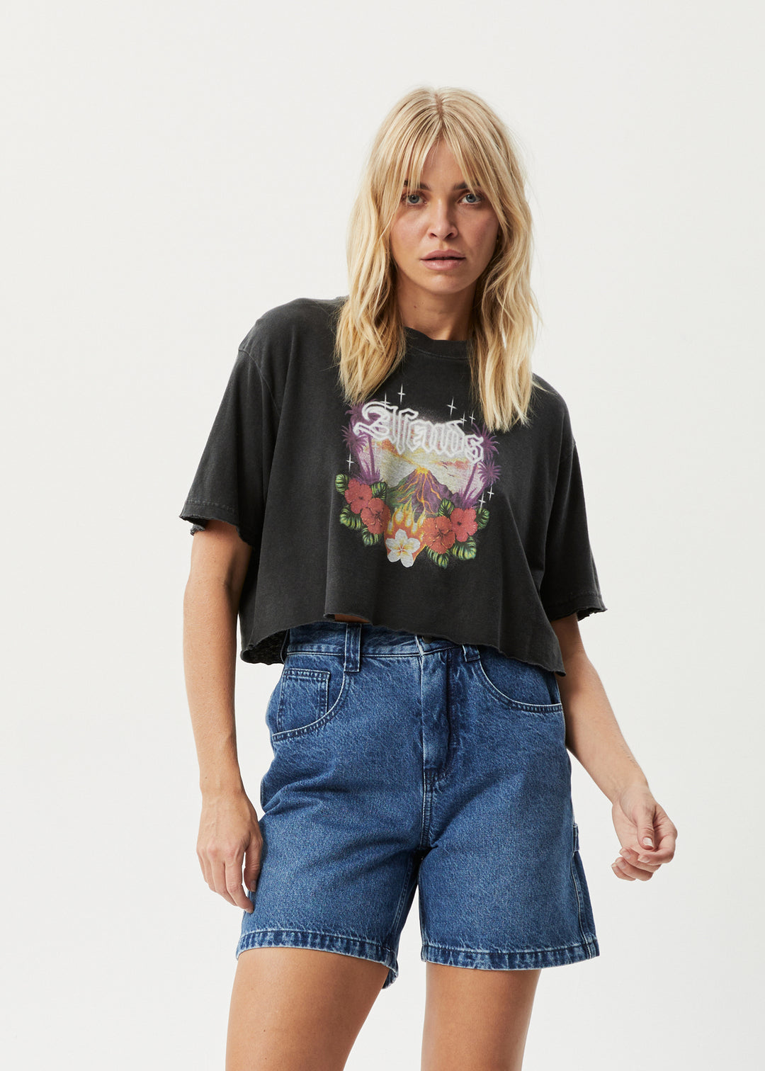 AFENDS Womens Holiday - Slay Cropped T-Shirt - Stone Black 