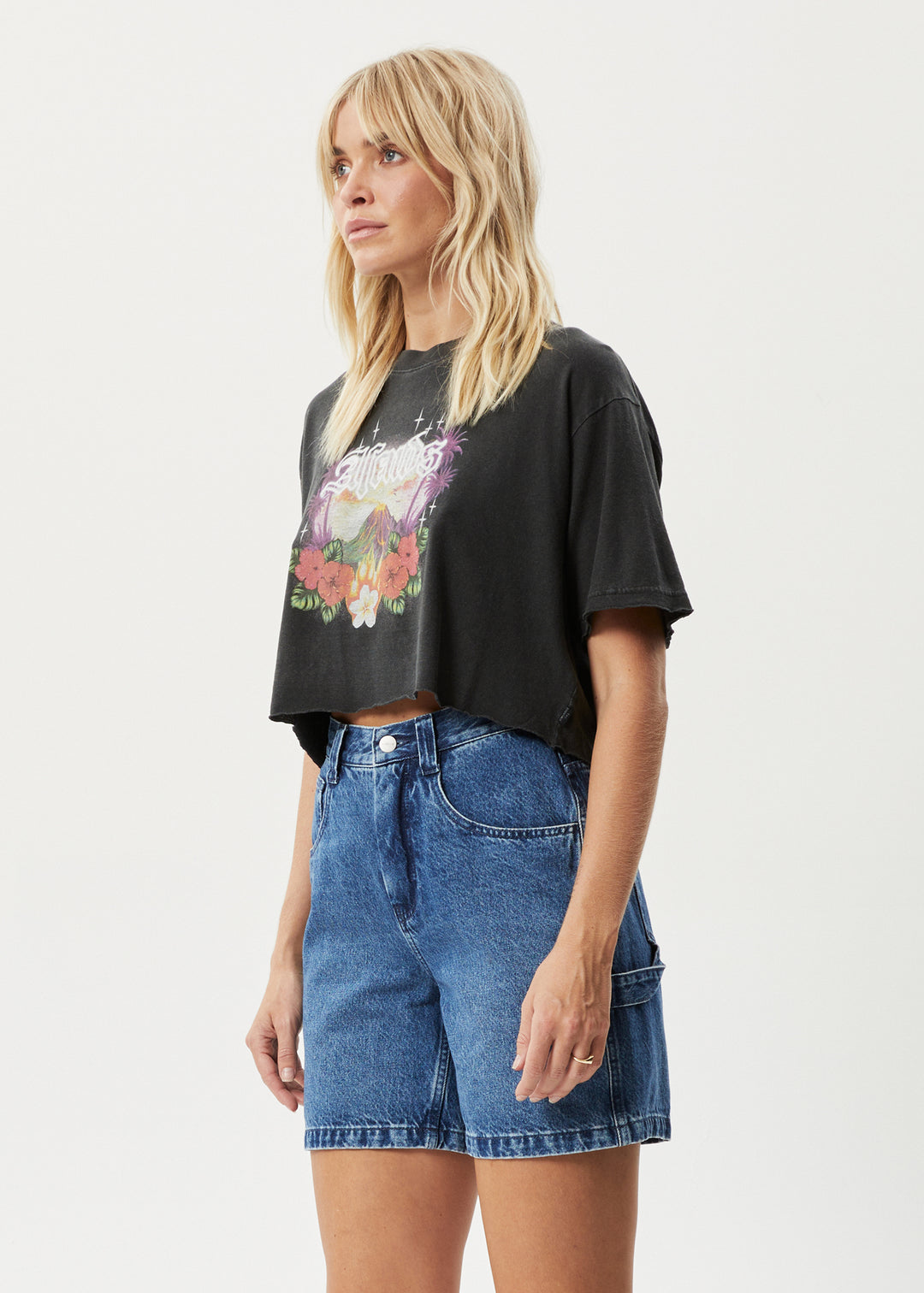 AFENDS Womens Holiday - Slay Cropped T-Shirt - Stone Black 