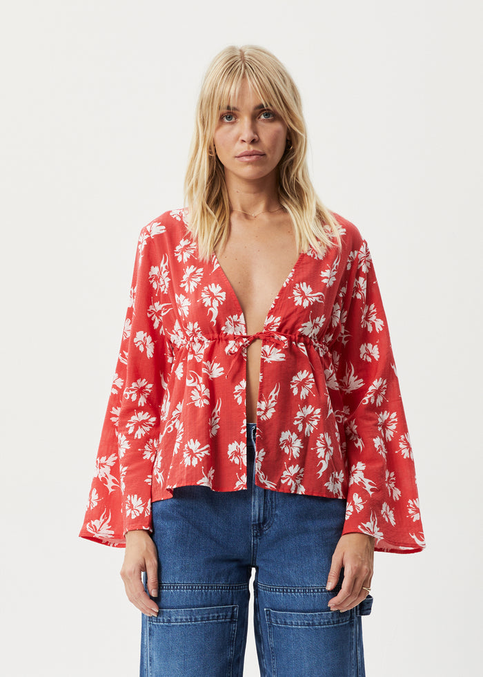 Afends Womens Hibiscus -  Tie Blouse - Hibiscus 