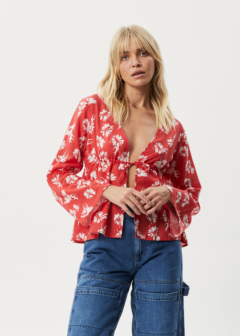 Afends Womens Hibiscus -  Tie Blouse - Hibiscus