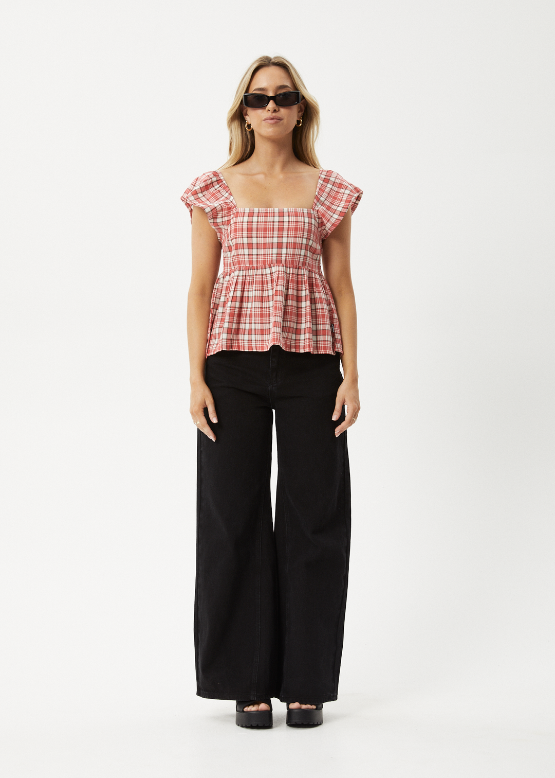 AFENDS Womens Check Out - Top - Red Check 