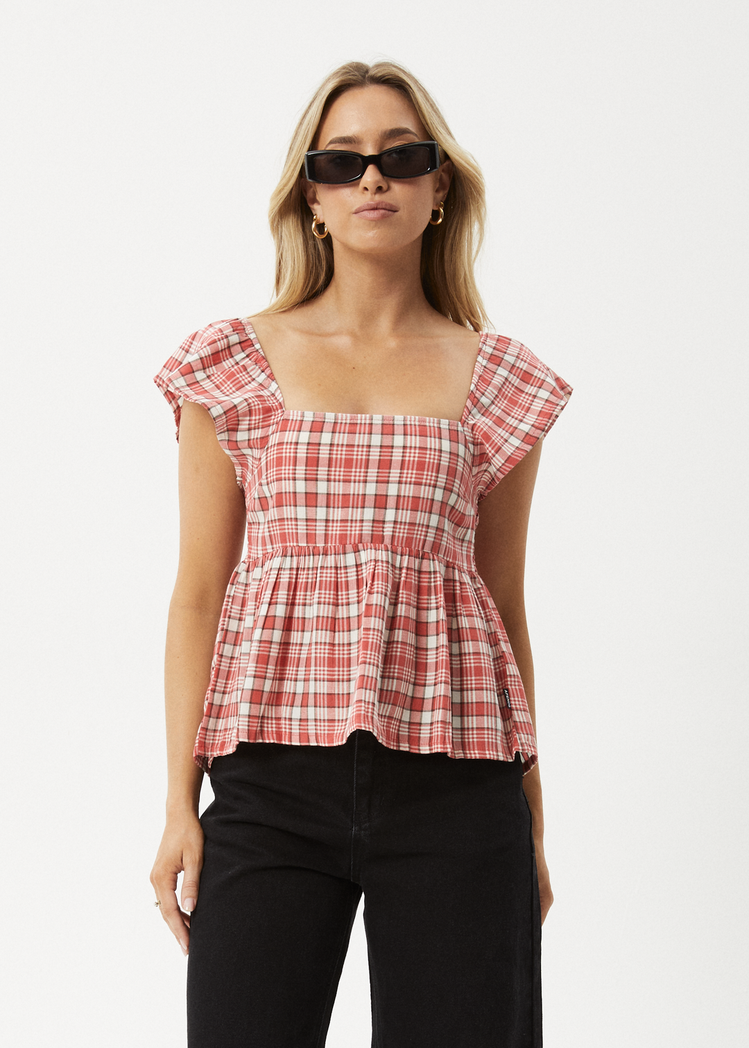 AFENDS Womens Check Out - Top - Red Check 