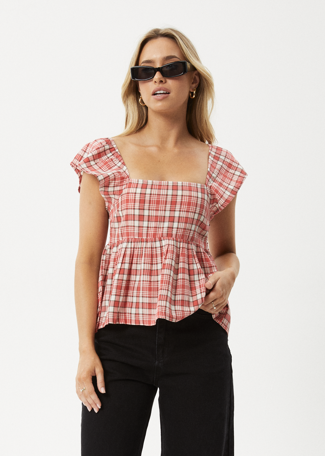 AFENDS Womens Check Out - Top - Red Check 