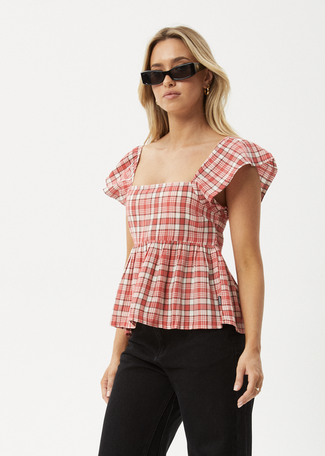 AFENDS Womens Check Out - Top - Red Check 