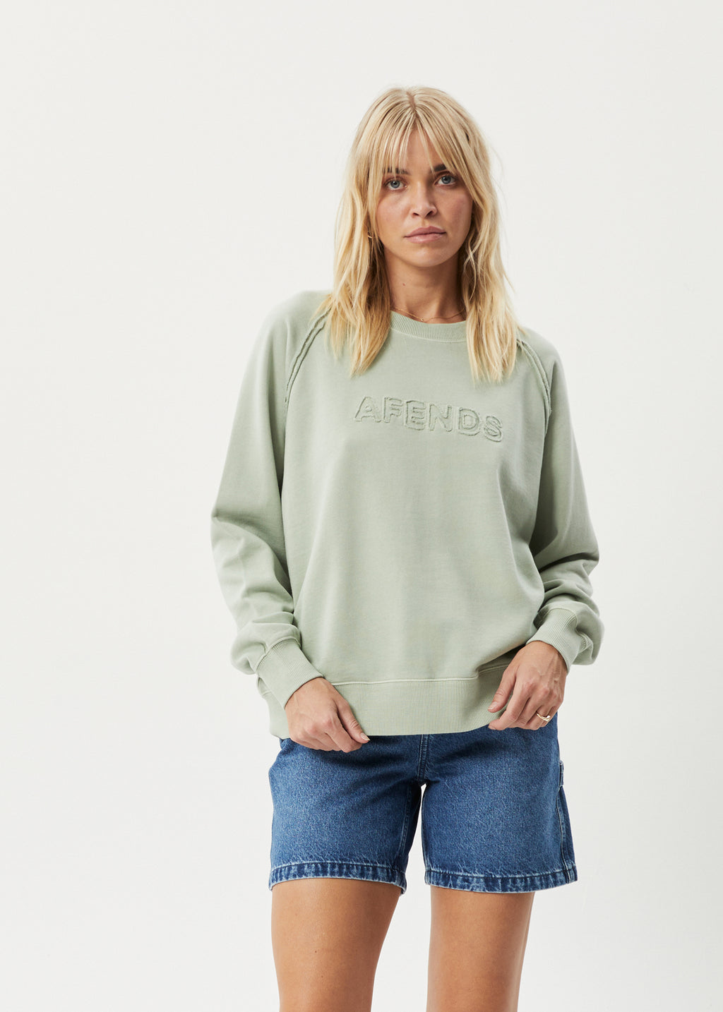 AFENDS Womens Cutback - Raglan Crew Neck Jumper - Eucalyptus