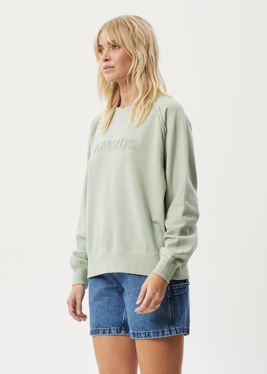 AFENDS Womens Cutback - Raglan Crewneck - Eucalyptus 