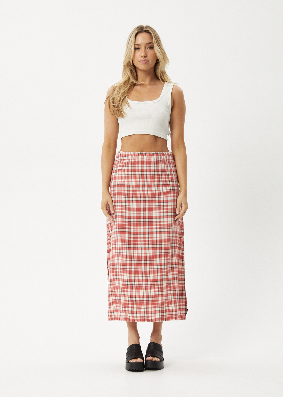 AFENDS Womens Check Out - Midi Skirt - Red Check 