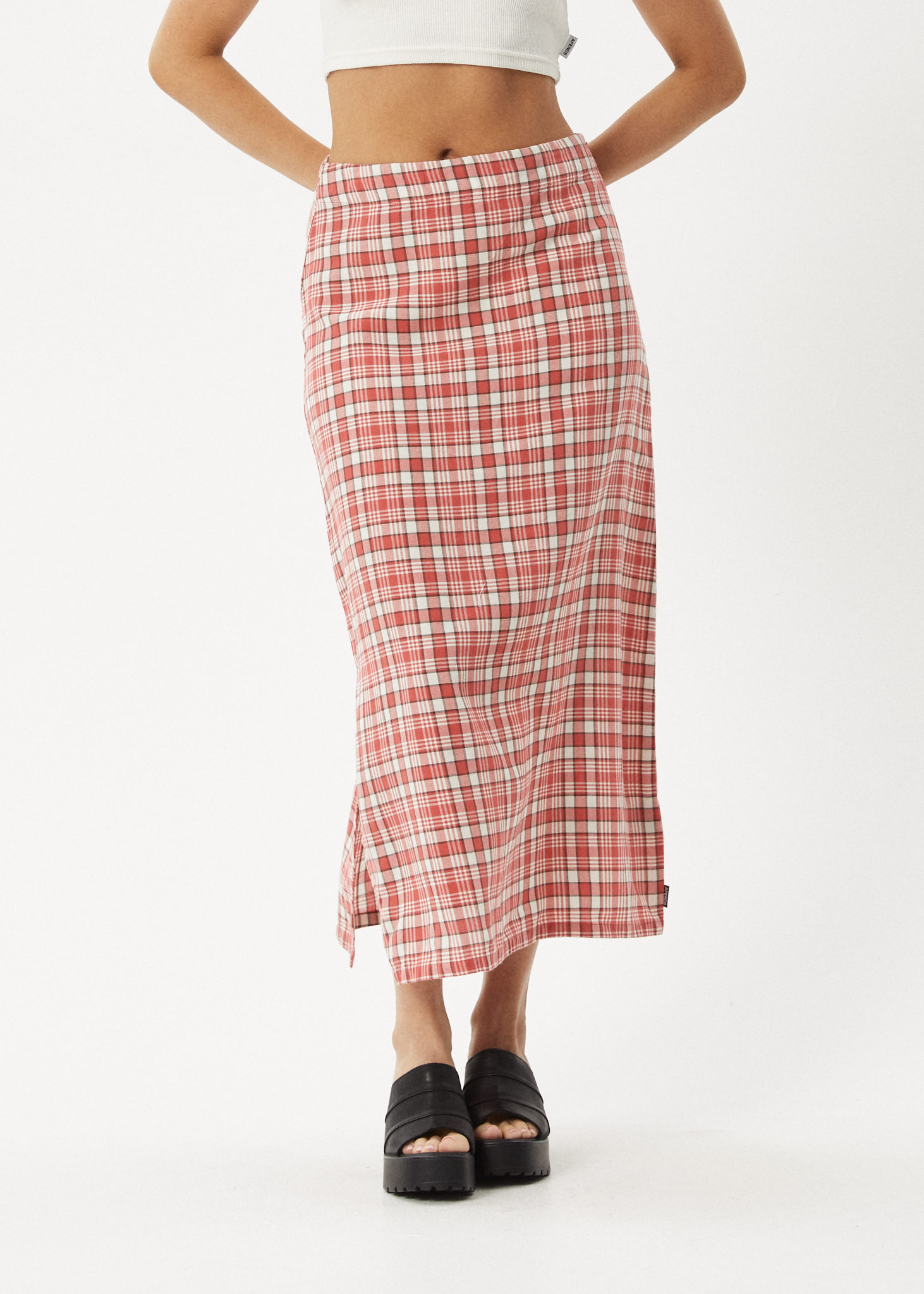 AFENDS Womens Check Out - Midi Skirt - Red Check 