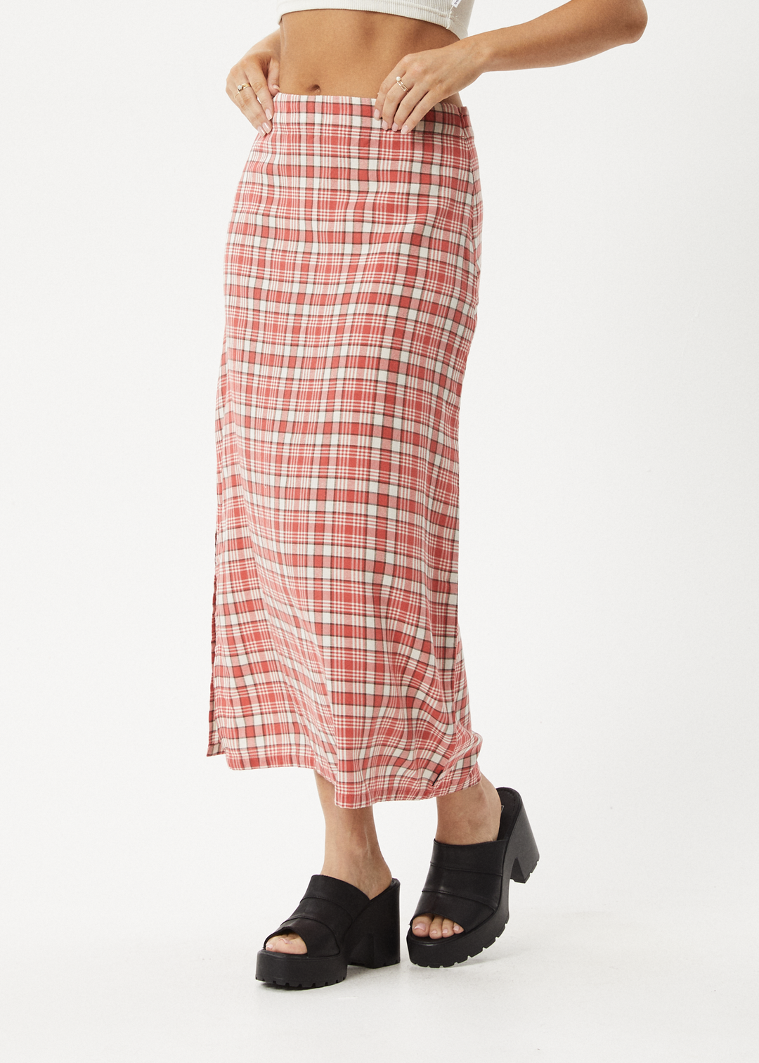 AFENDS Womens Check Out - Midi Skirt - Red Check 