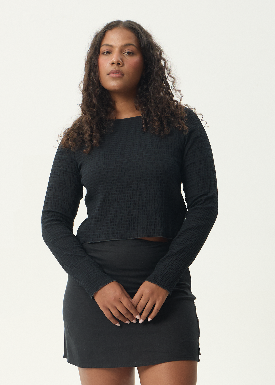 AFENDS Womens Focus - Seersucker Long Sleeve Top - Black