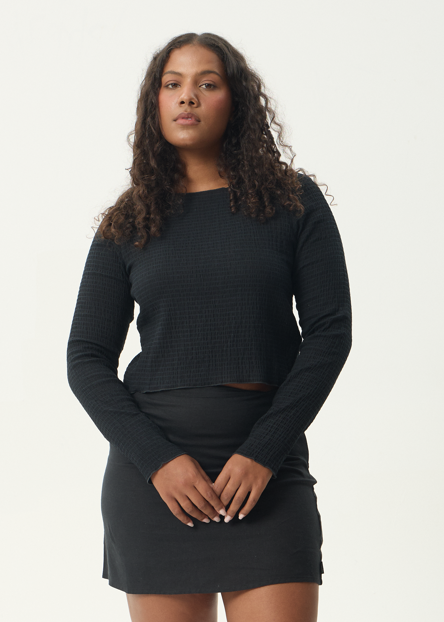 AFENDS Womens Focus - Seersucker Long Sleeve Top - Black