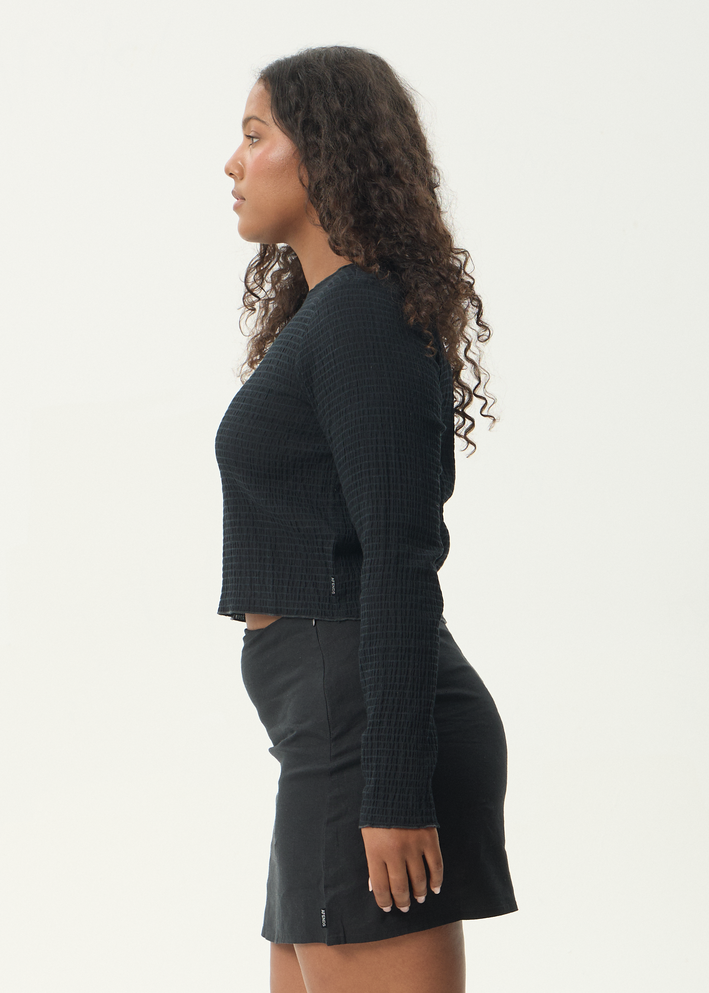 AFENDS Womens Focus - Seersucker Long Sleeve Top - Black
