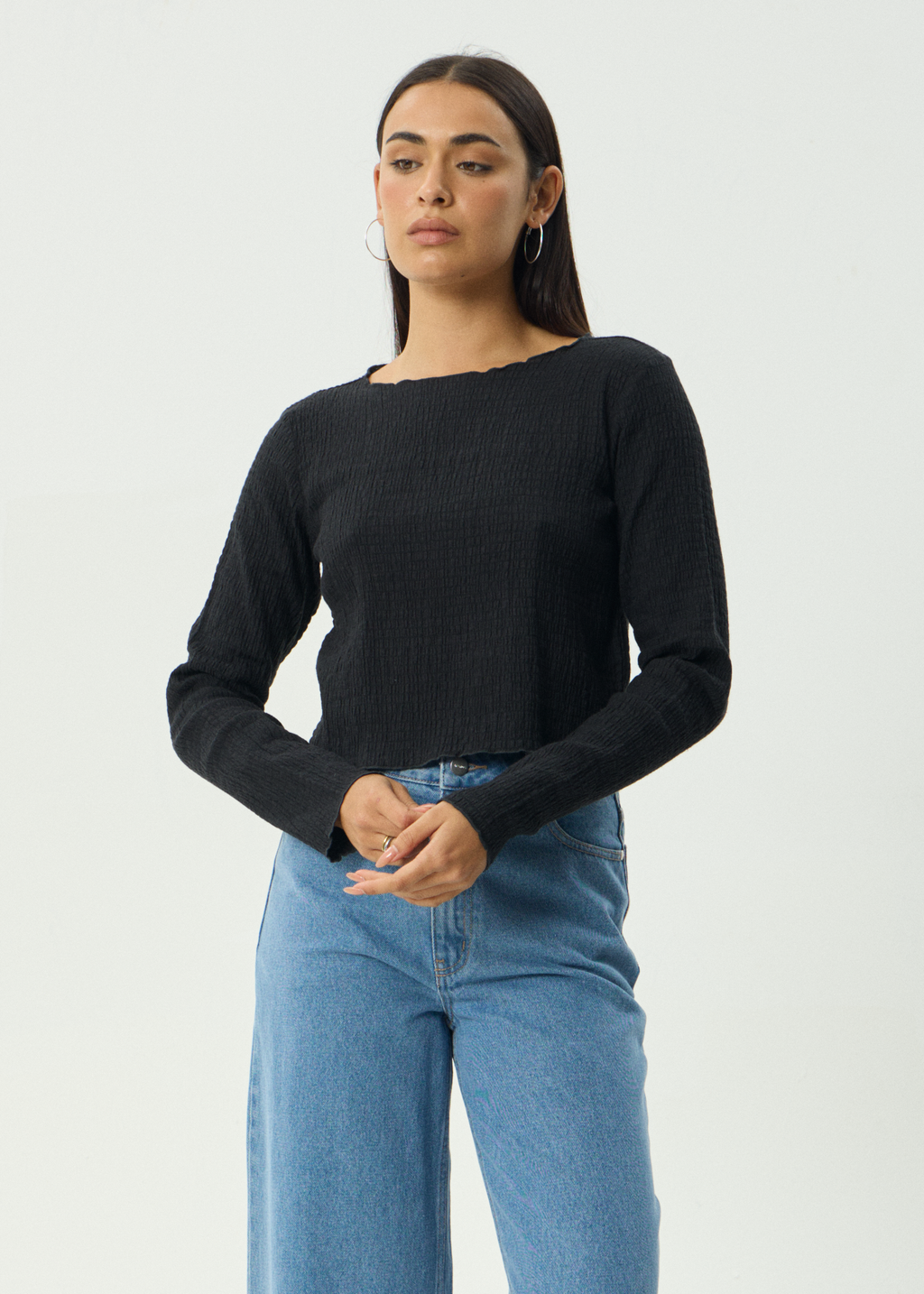AFENDS Womens Focus - Seersucker Long Sleeve Top - Black