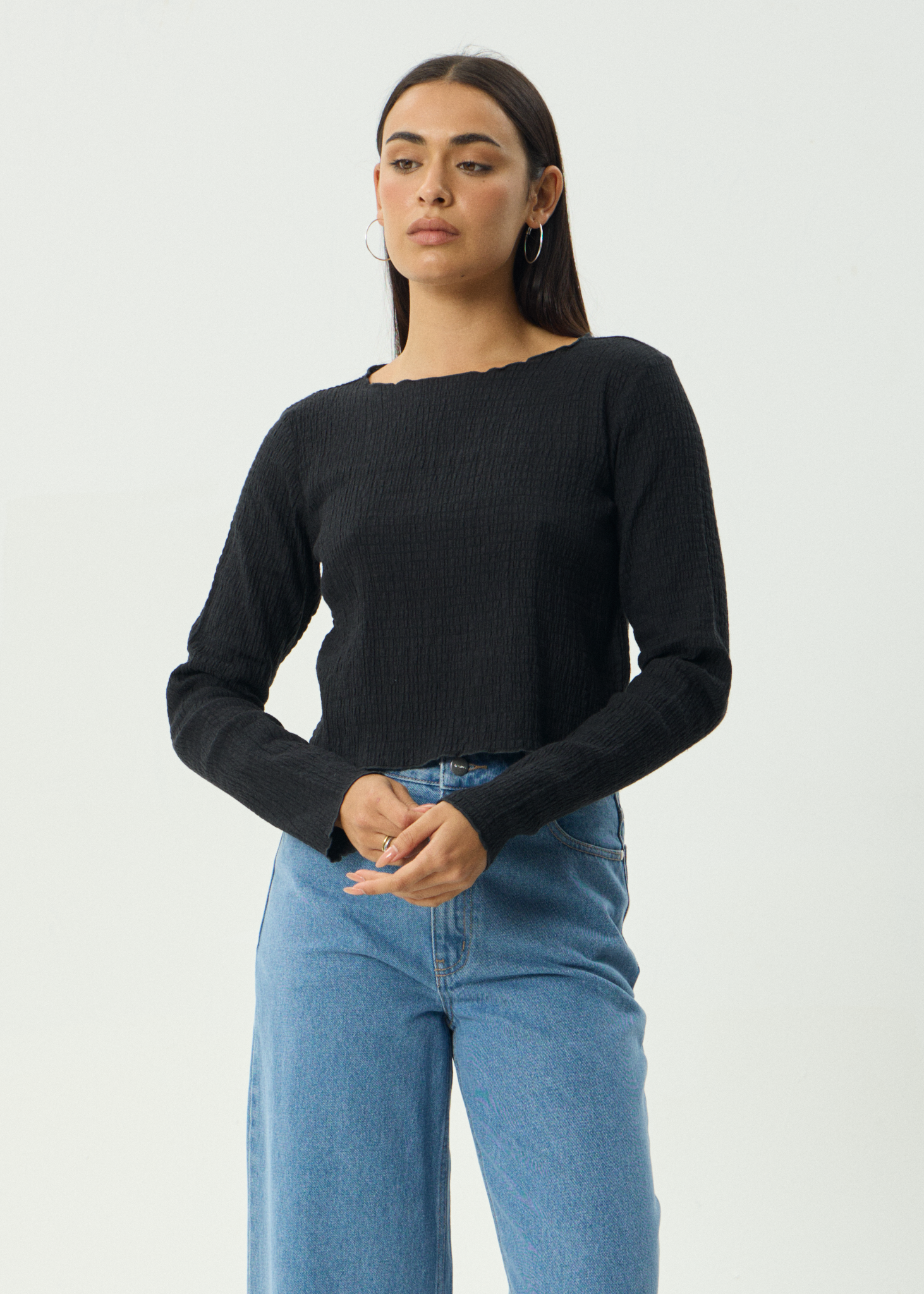 AFENDS Womens Focus - Seersucker Long Sleeve Top - Black