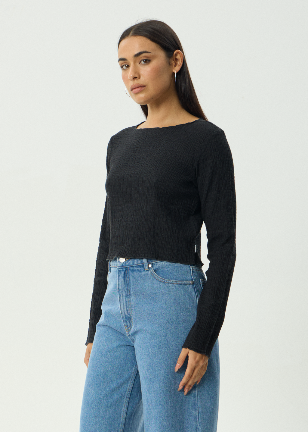 AFENDS Womens Focus - Seersucker Long Sleeve Top - Black