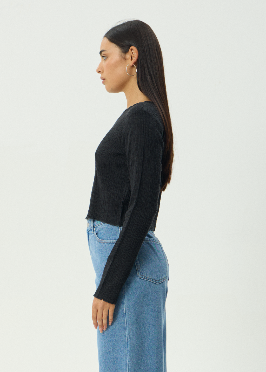 AFENDS Womens Focus - Seersucker Long Sleeve Top - Black