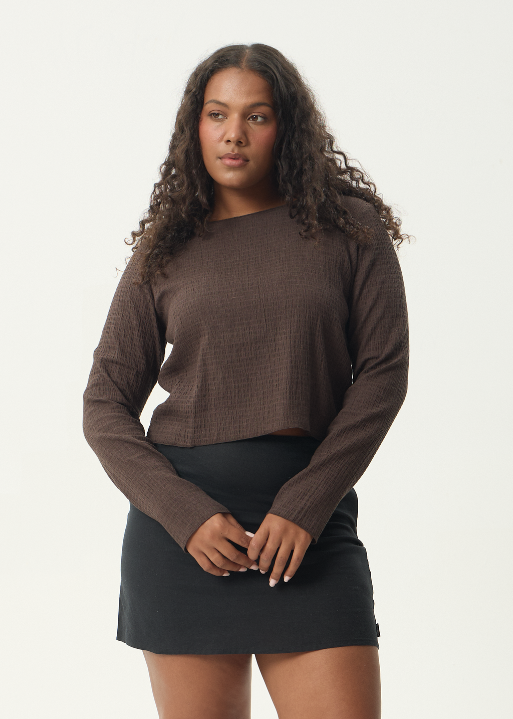 AFENDS Womens Focus - Seersucker Long Sleeve Top - Coffee