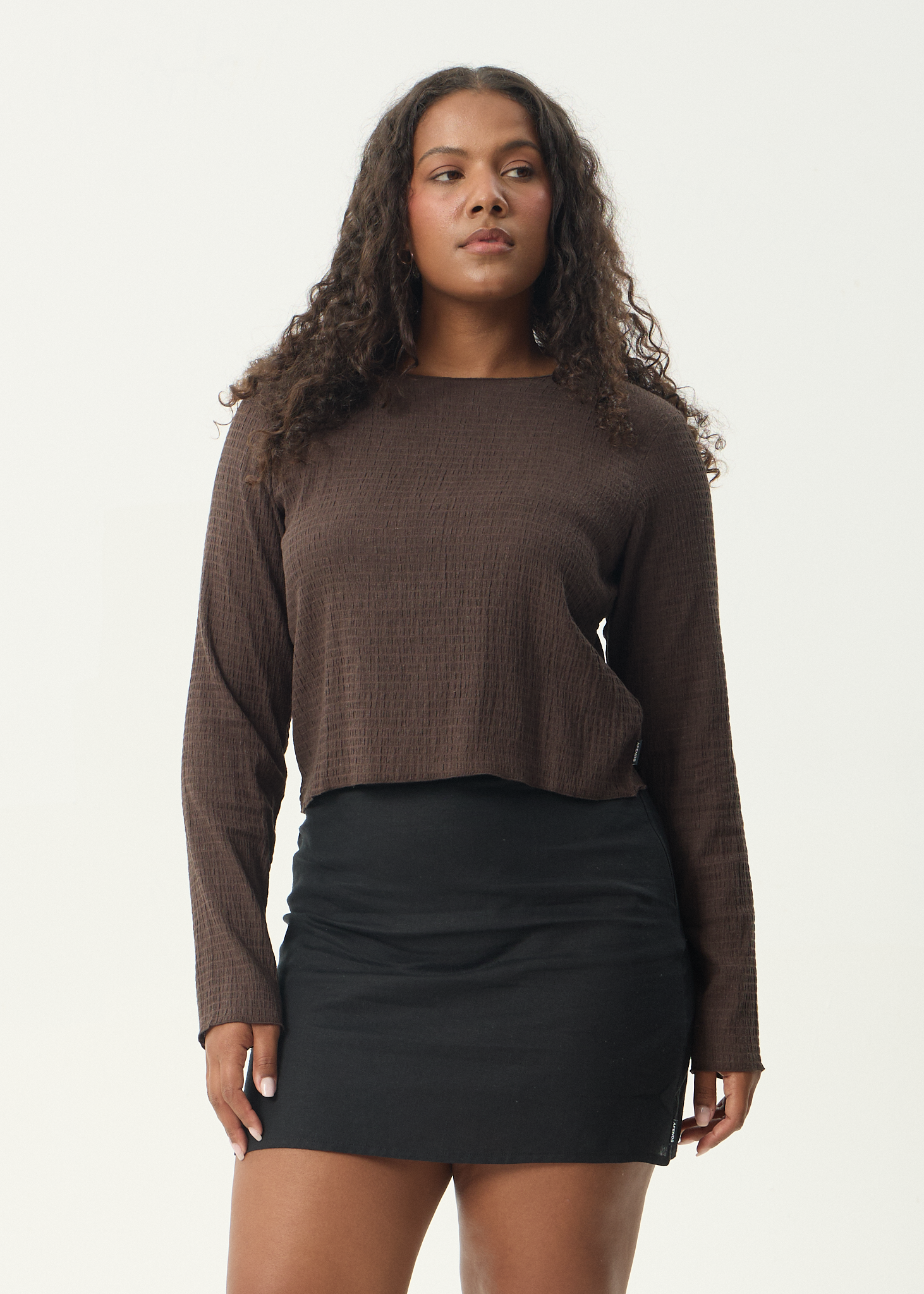 AFENDS Womens Focus - Seersucker Long Sleeve Top - Coffee