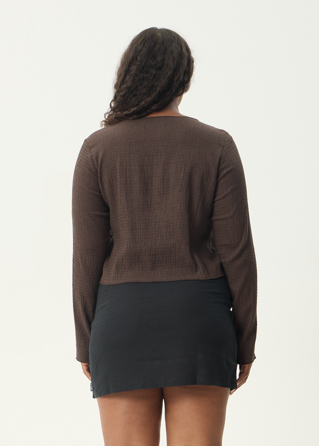 AFENDS Womens Focus - Seersucker Long Sleeve Top - Coffee