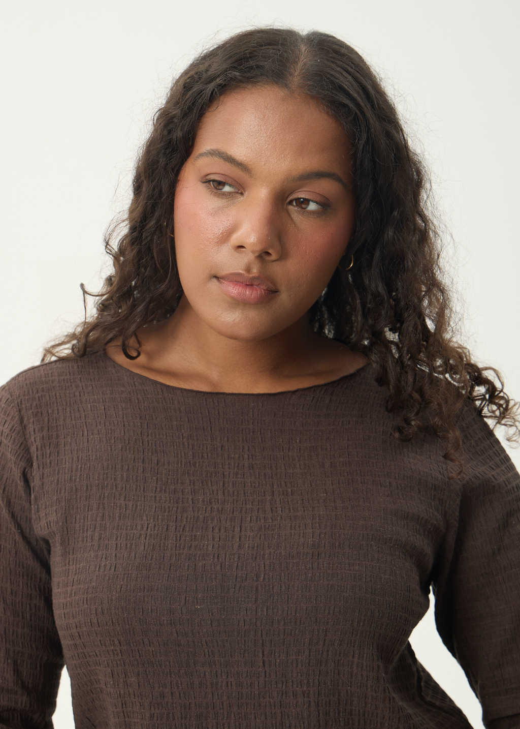 AFENDS Womens Focus - Seersucker Long Sleeve Top - Coffee