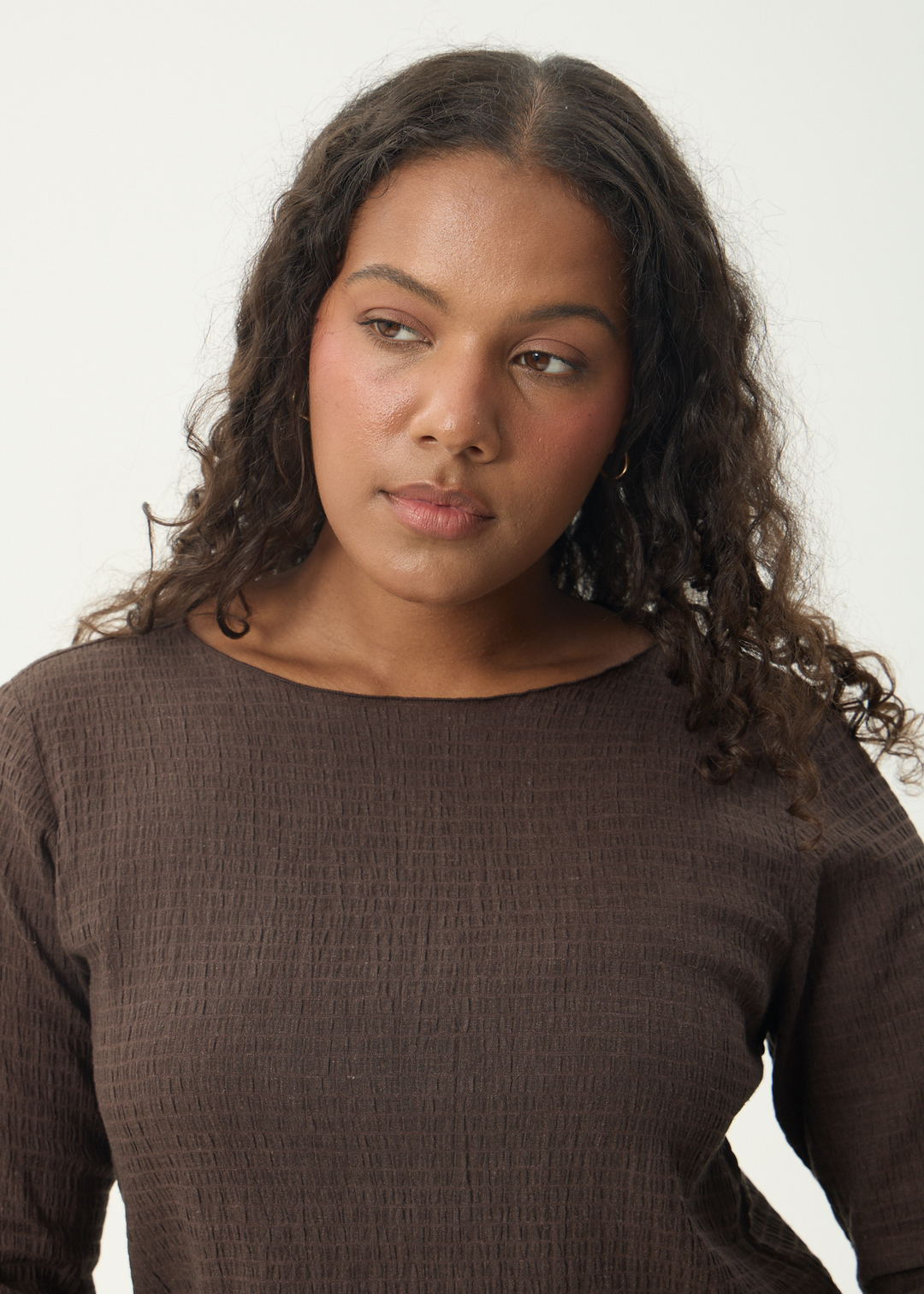 AFENDS Womens Focus - Seersucker Long Sleeve Top - Coffee