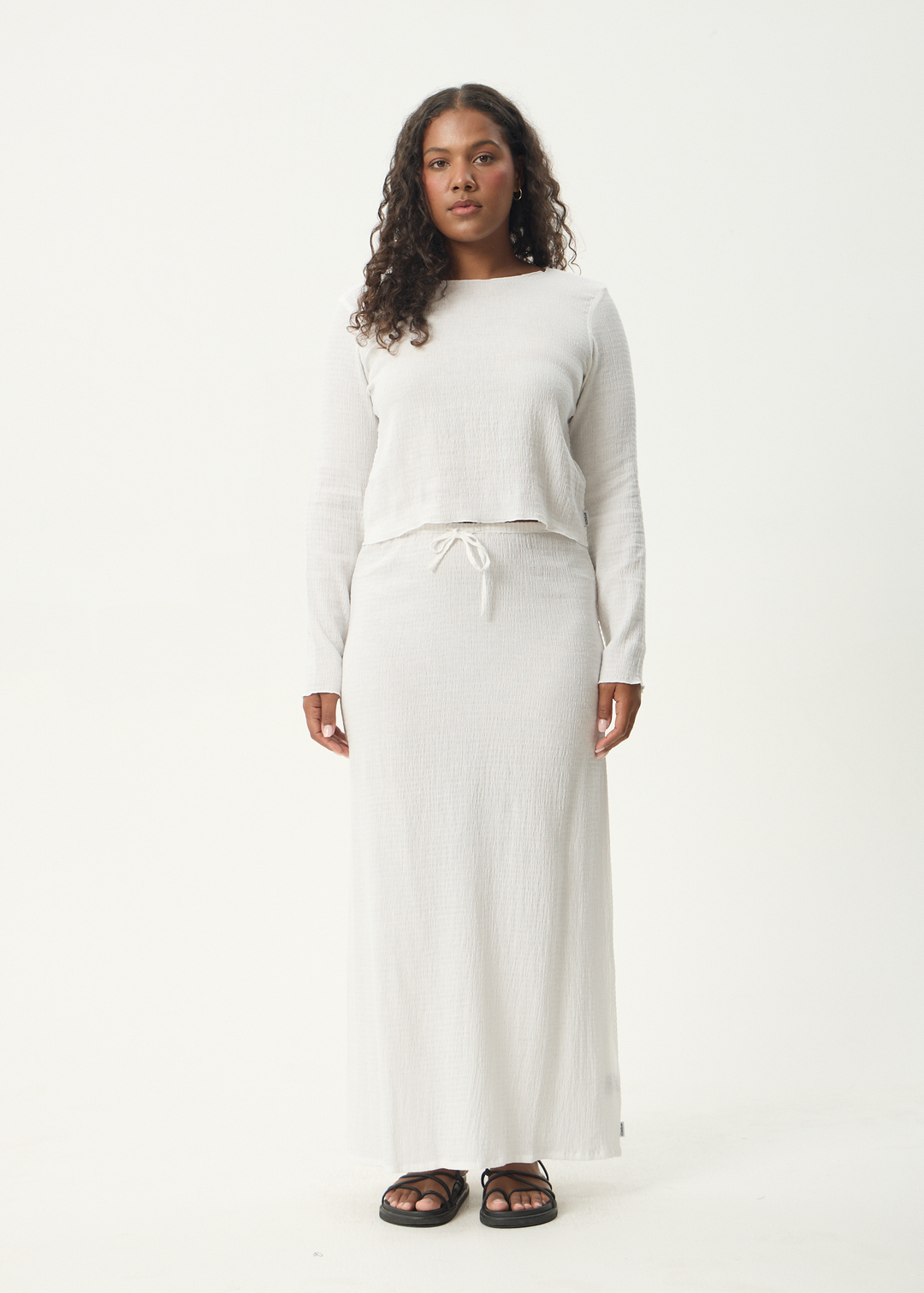 AFENDS Womens Focus - Seersucker Long Sleeve Top - Off White