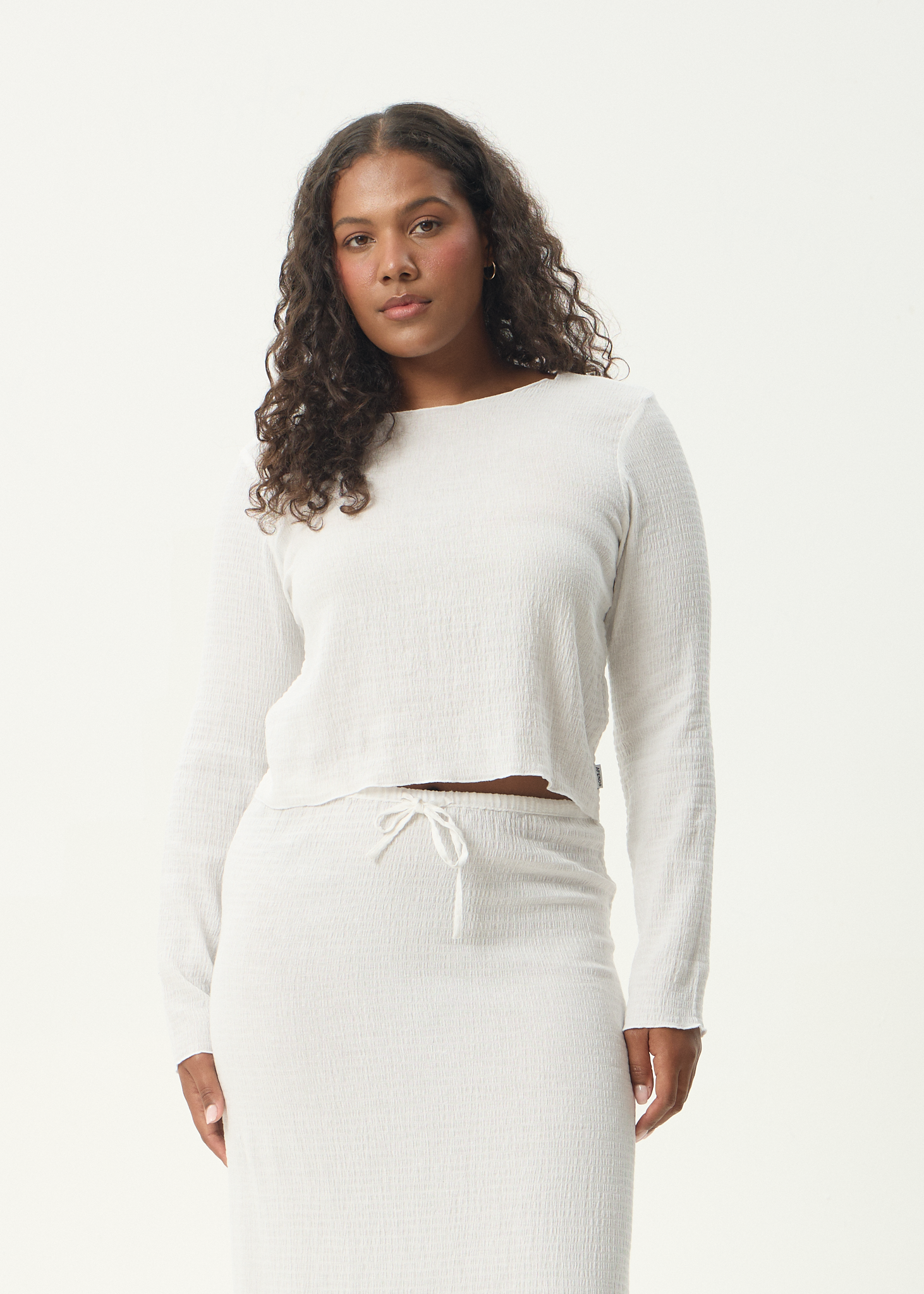 AFENDS Womens Focus - Seersucker Long Sleeve Top - Off White