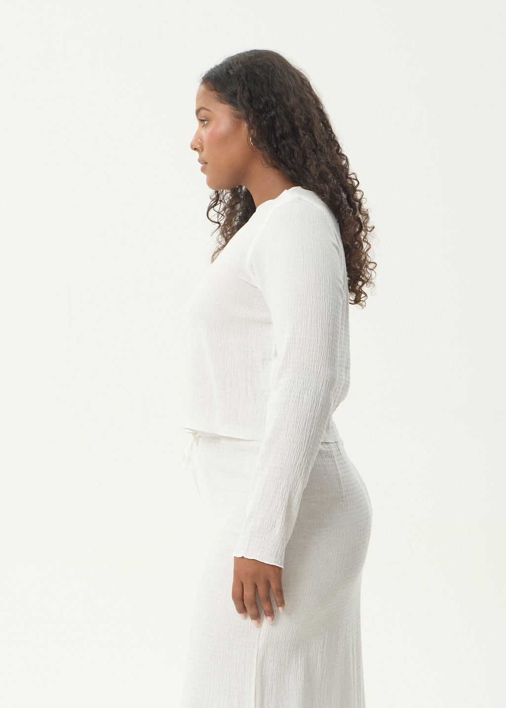 AFENDS Womens Focus - Seersucker Long Sleeve Top - Off White
