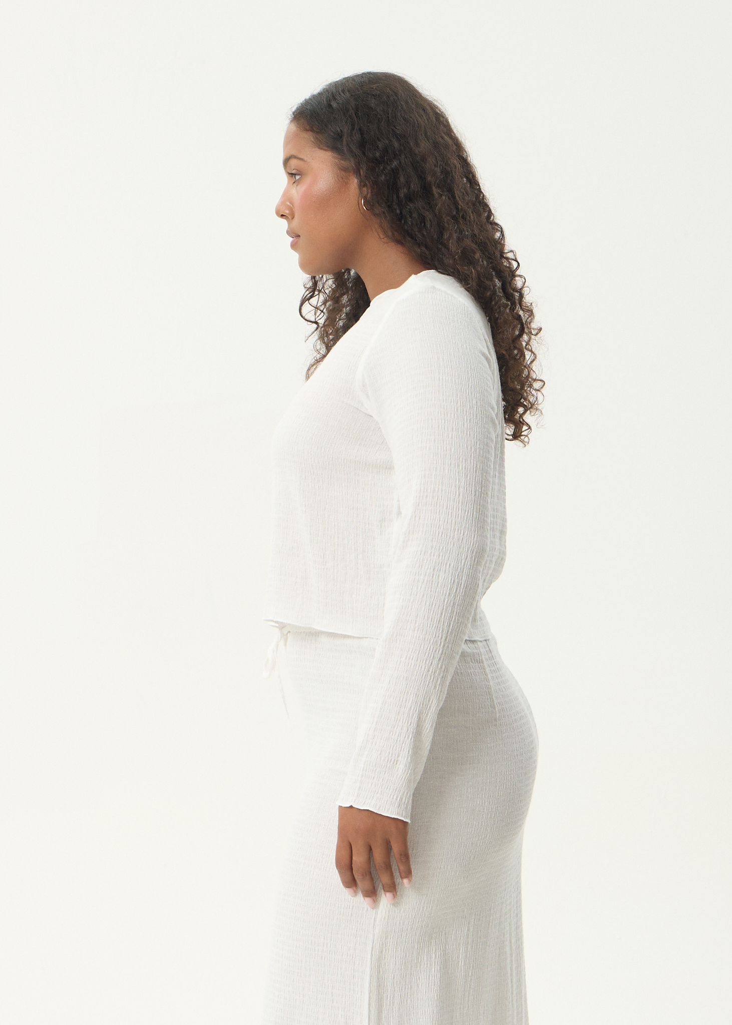 AFENDS Womens Focus - Seersucker Long Sleeve Top - Off White