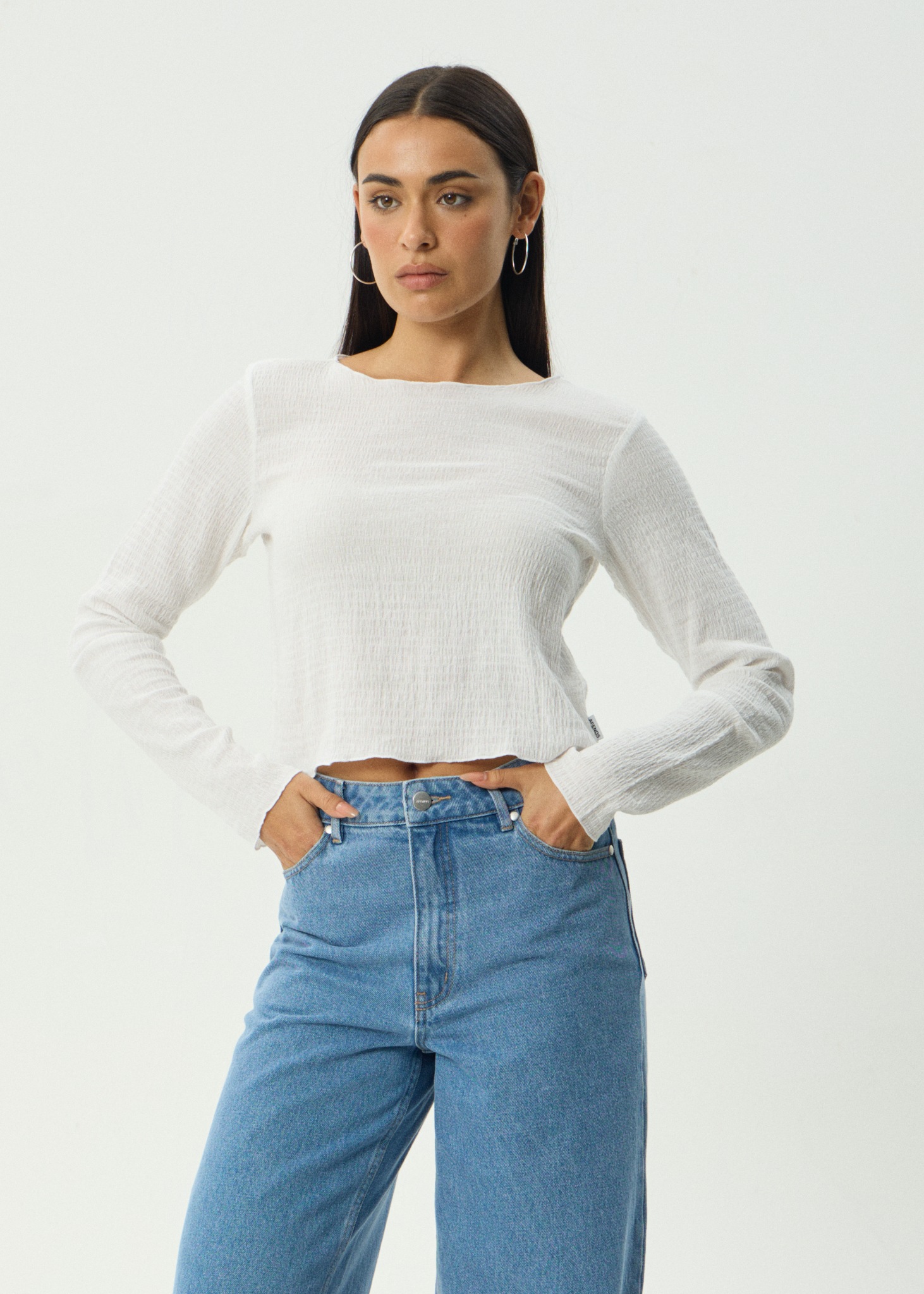 AFENDS Womens Focus - Seersucker Long Sleeve Top - Off White