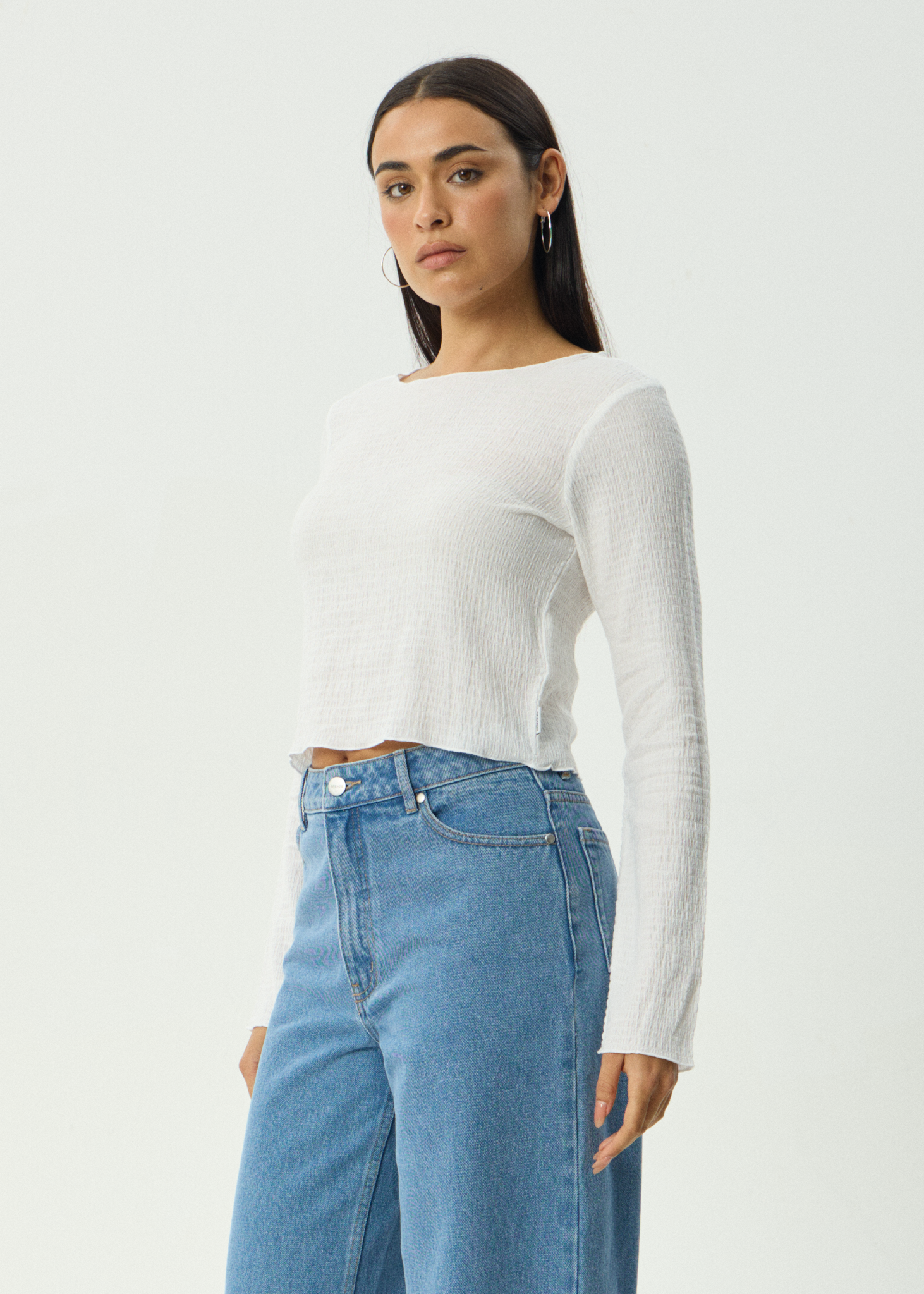 AFENDS Womens Focus - Seersucker Long Sleeve Top - Off White
