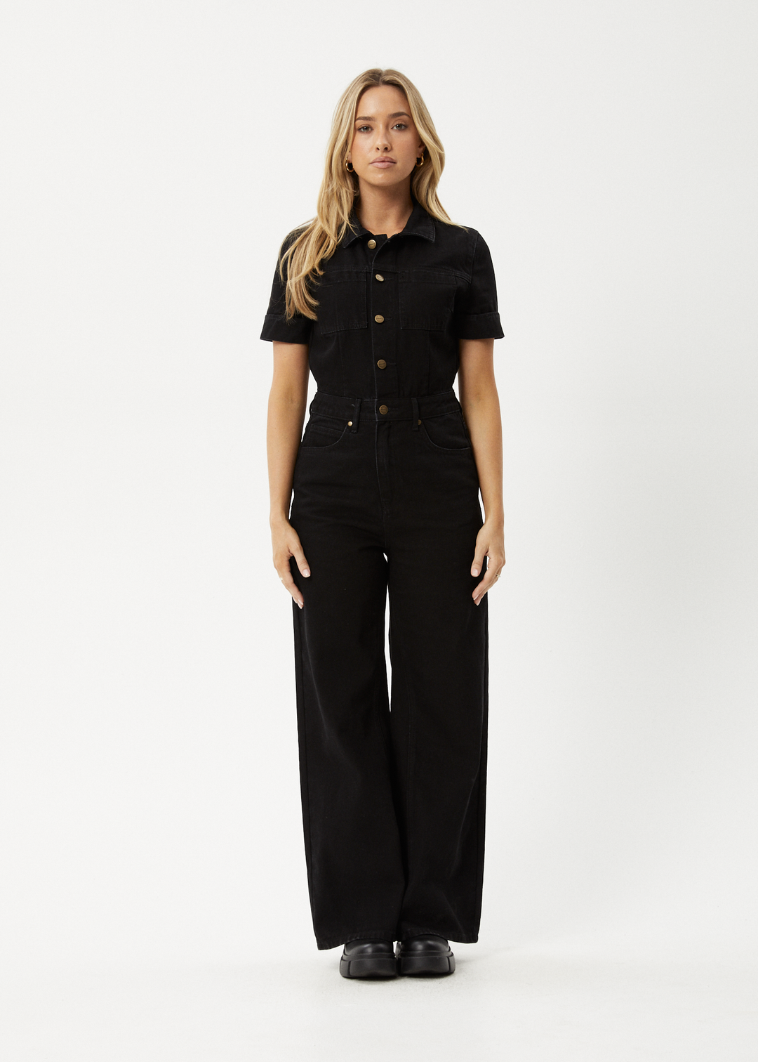 AFENDS Womens Miami - Denim Flared Leg Jumpsuit - Washed Black 