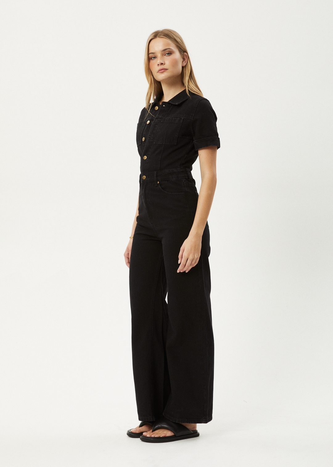 AFENDS Womens Miami - Denim Flared Leg Jumpsuit - Washed Black 