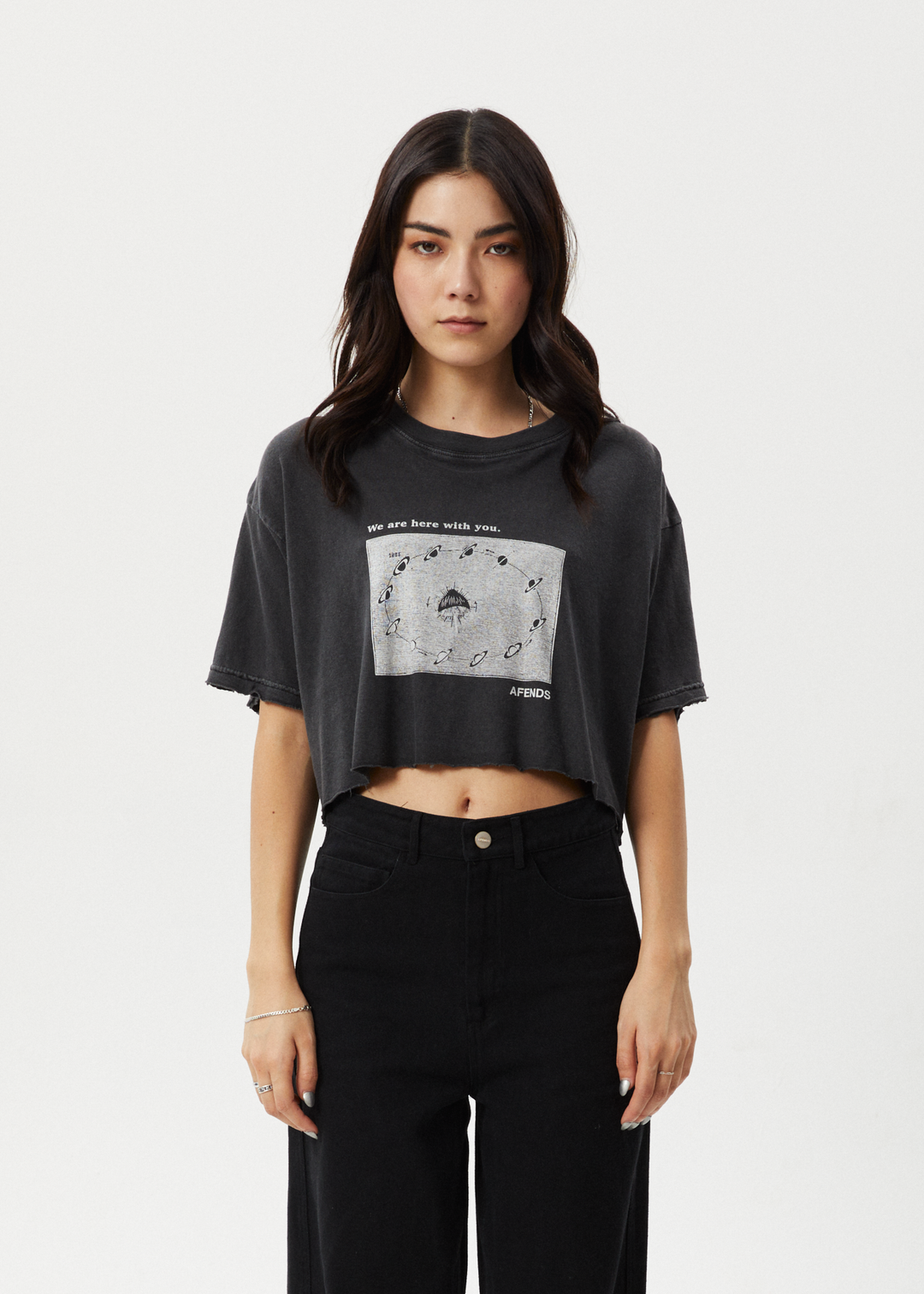 AFENDS Womens Connection Cropped - Oversized Tee - Stone Black 