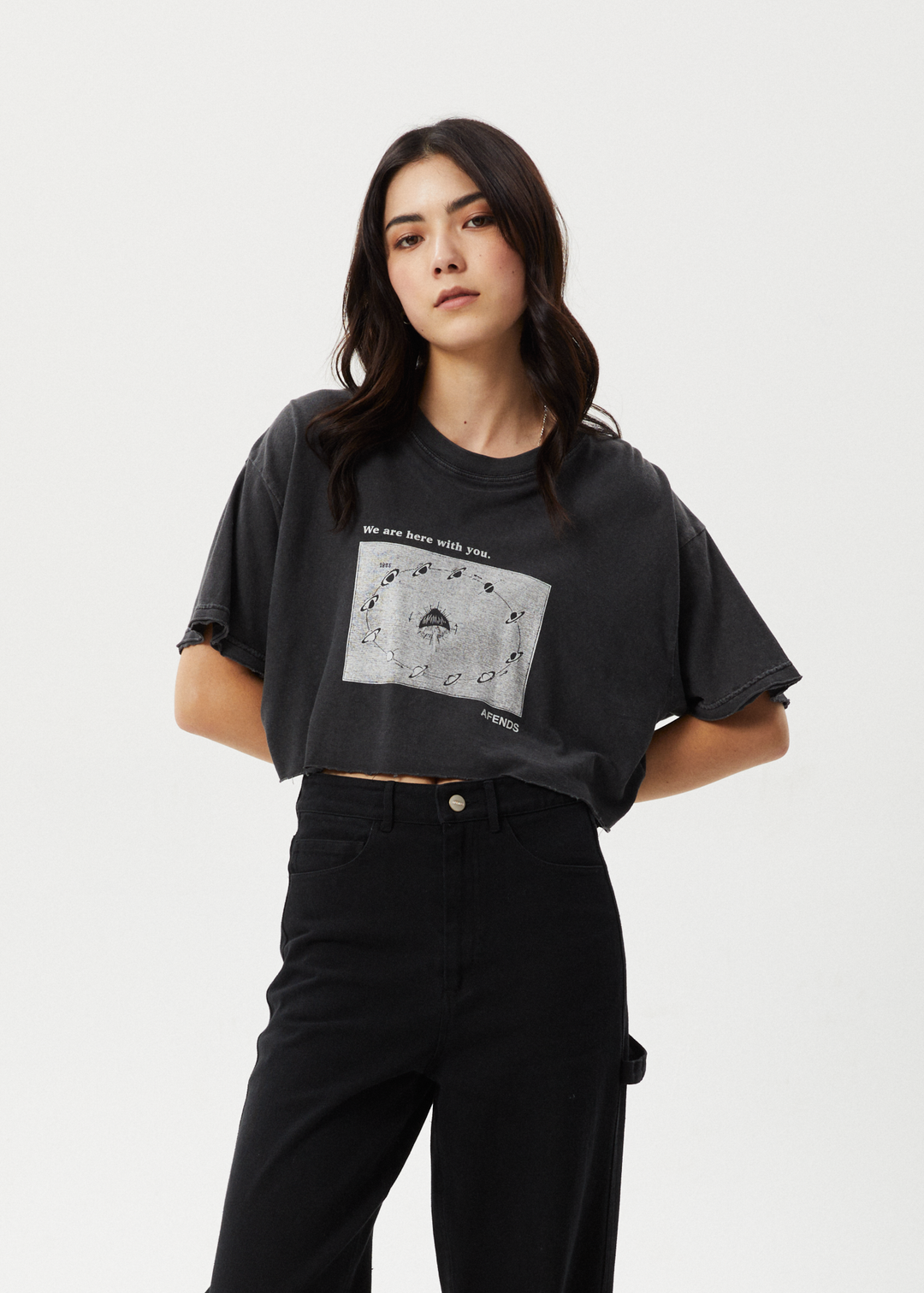 AFENDS Womens Connection Cropped - Oversized Tee - Stone Black 