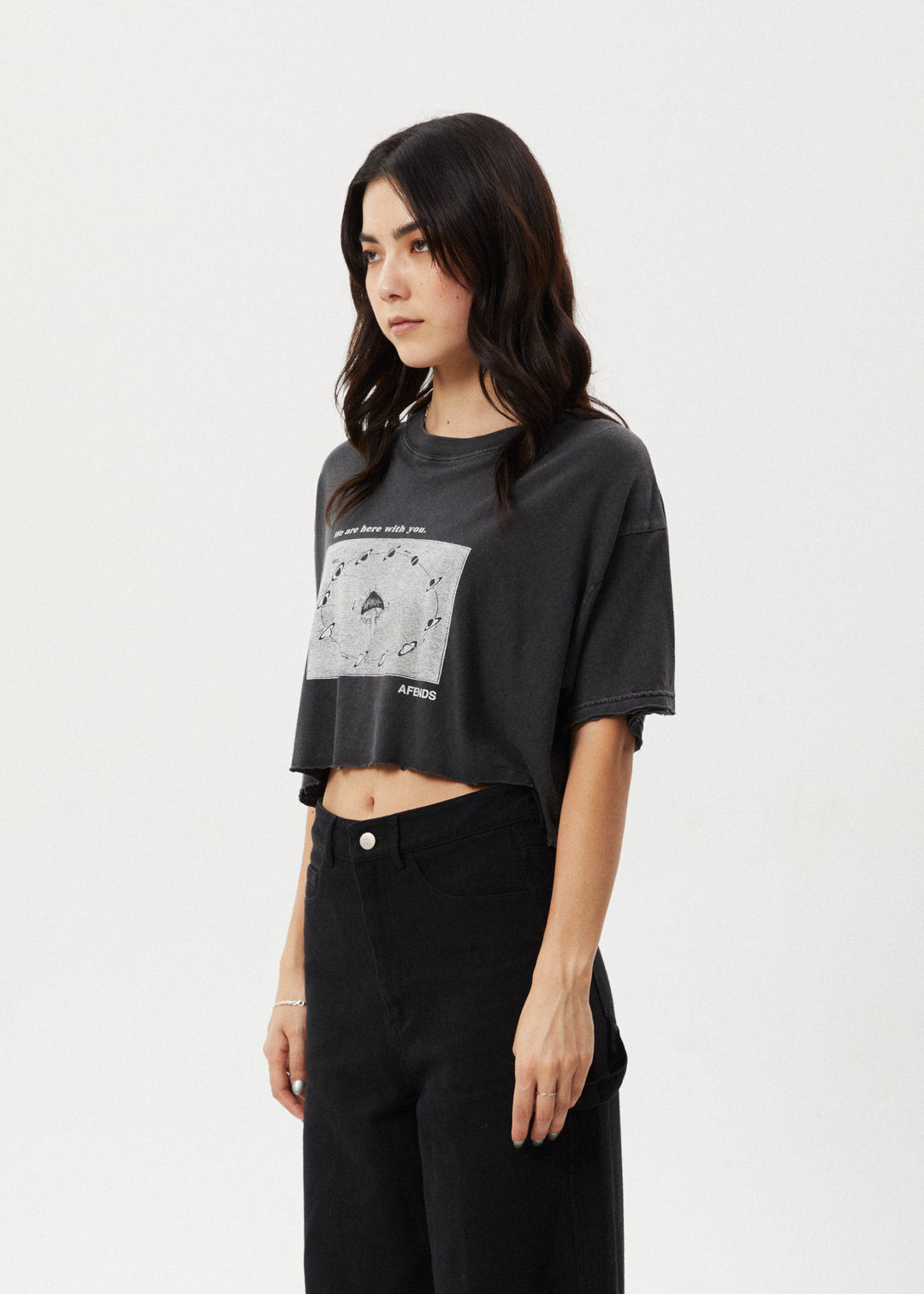 AFENDS Womens Connection Cropped - Oversized Tee - Stone Black 