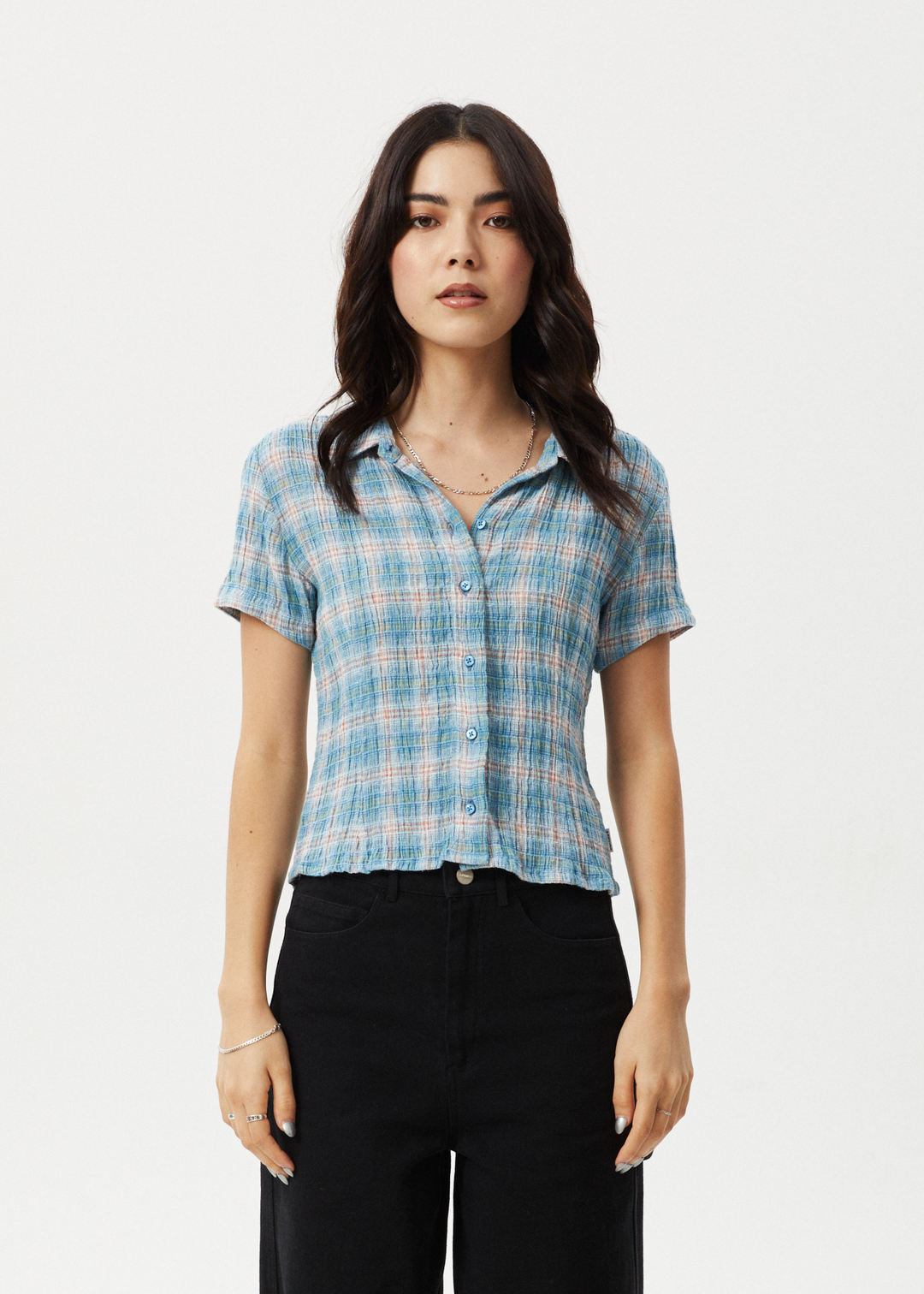 AFENDS Womens Position - Seersucker Check Short Sleeve Shirt - Lake Check 