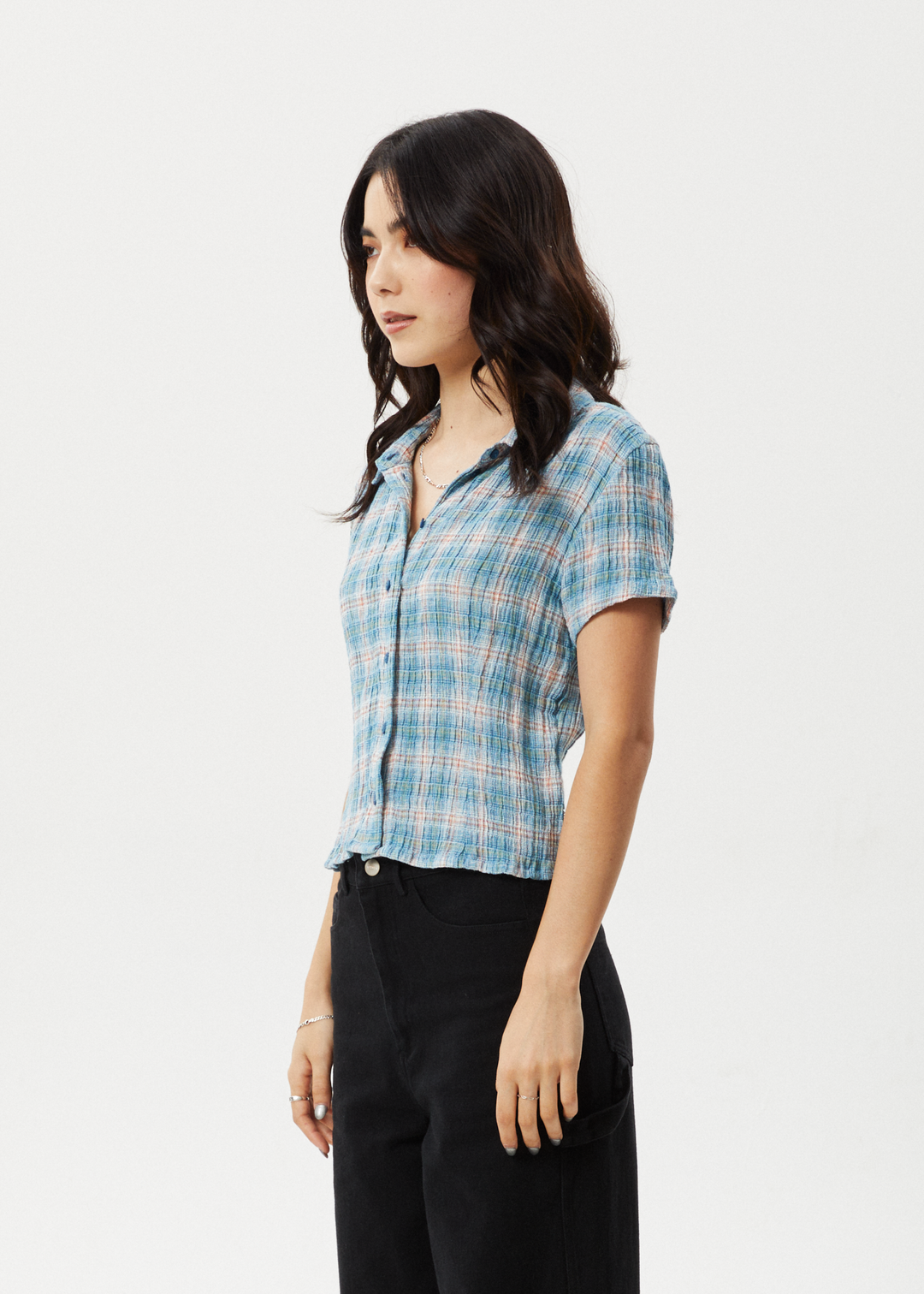 AFENDS Womens Position - Seersucker Check Short Sleeve Shirt - Lake Check 