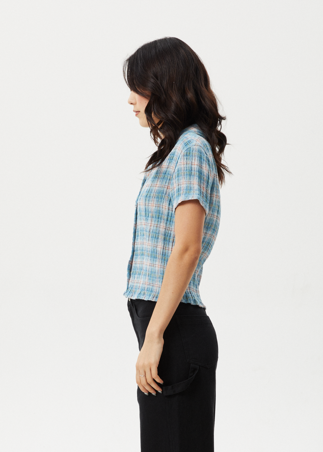 AFENDS Womens Position - Seersucker Check Short Sleeve Shirt - Lake Check 