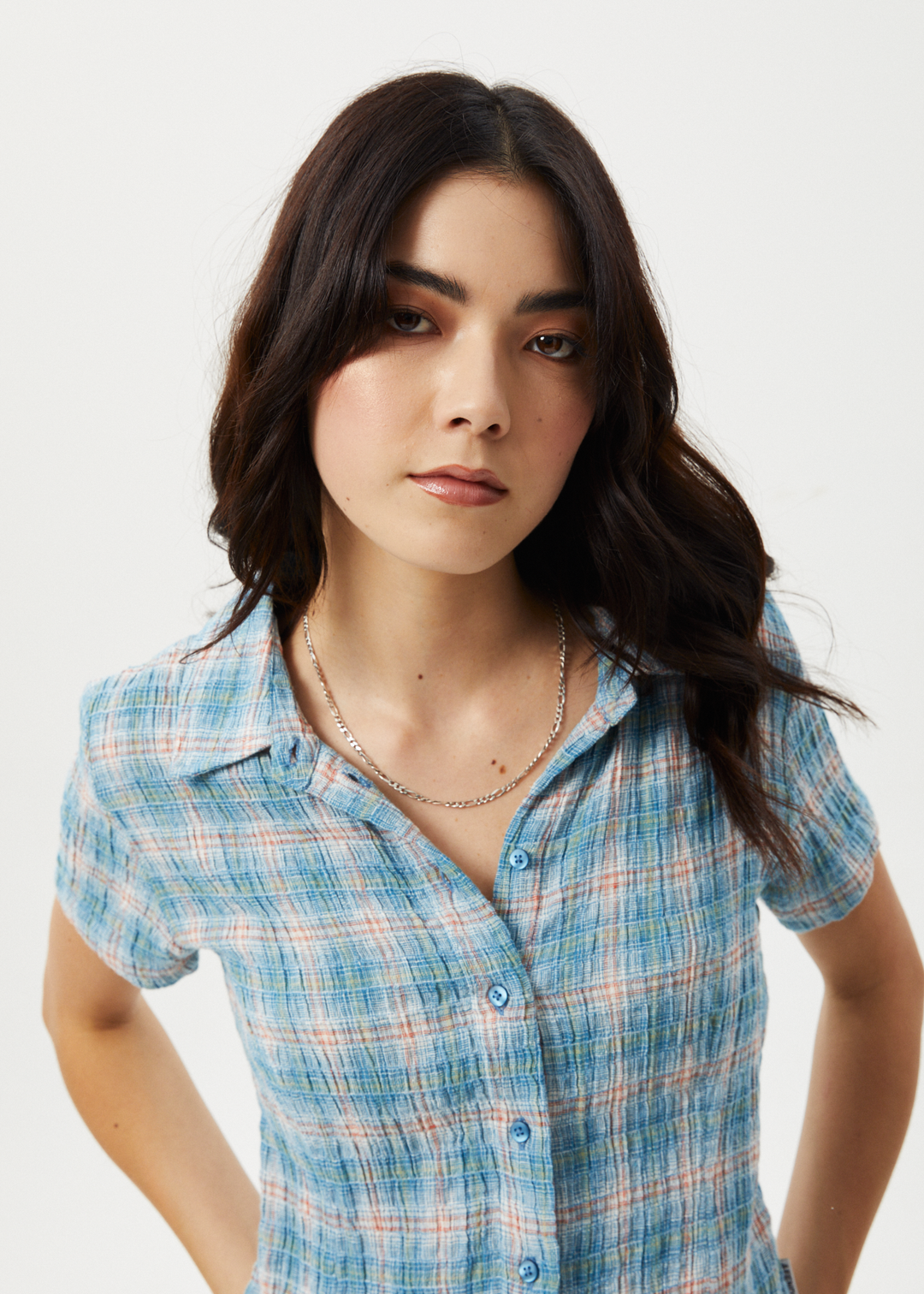 AFENDS Womens Position - Seersucker Check Short Sleeve Shirt - Lake Check 