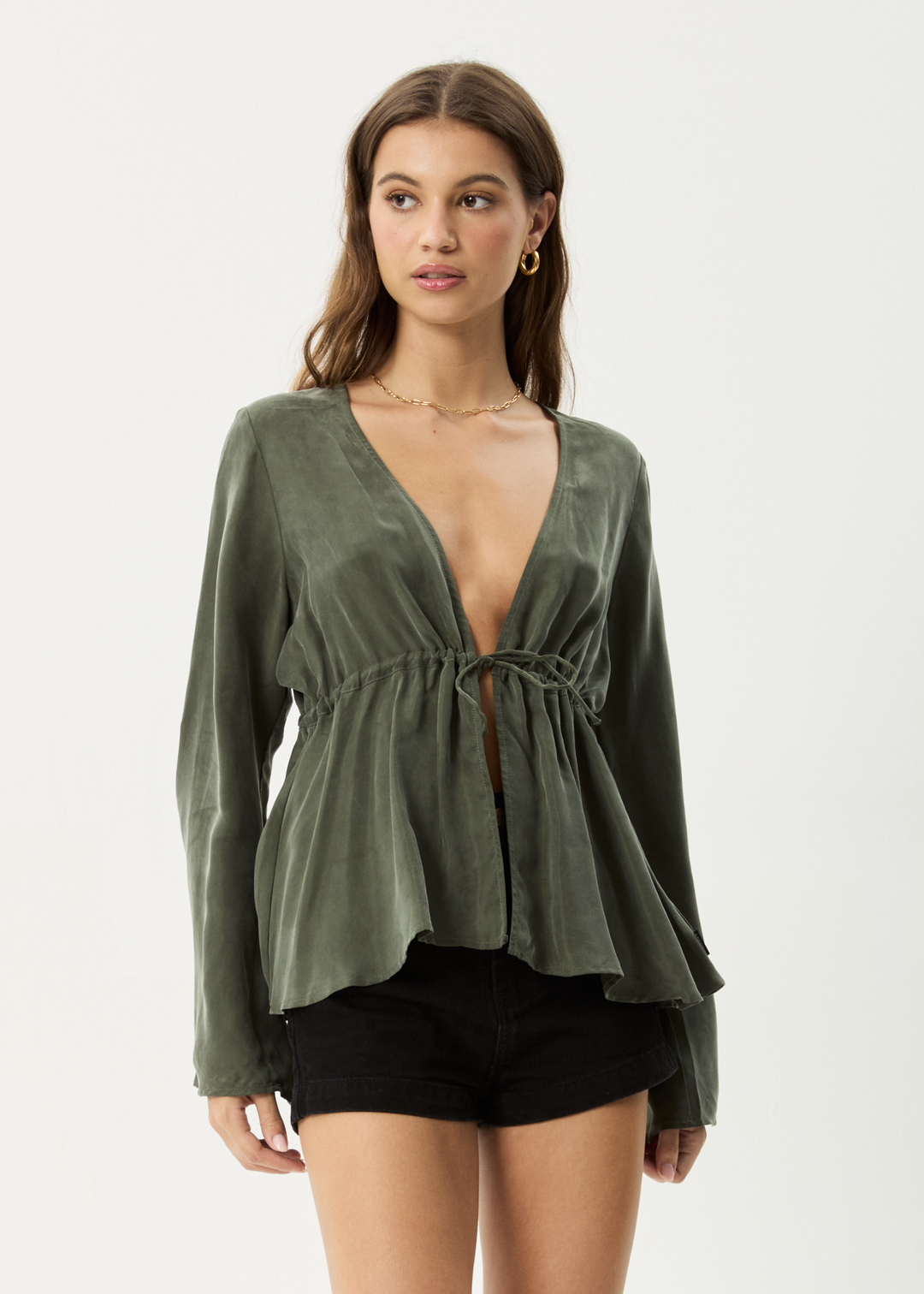 AFENDS Womens Grace - Cupro Tie Blouse - Deep Green