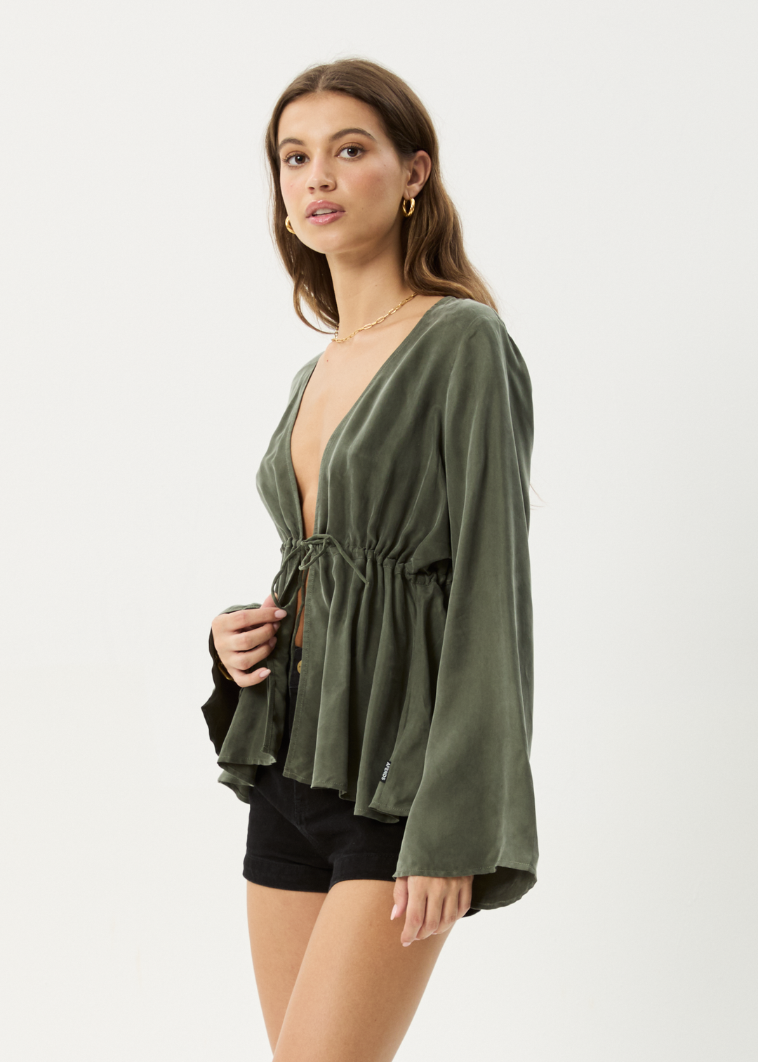 AFENDS Womens Grace - Cupro Tie Blouse - Deep Green