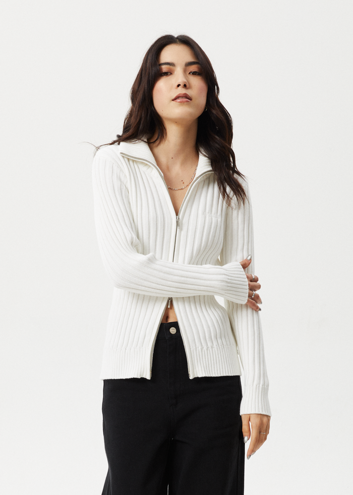 Afends Womens Vision - Knit Zip Through Cardigan - White - Afends AU.