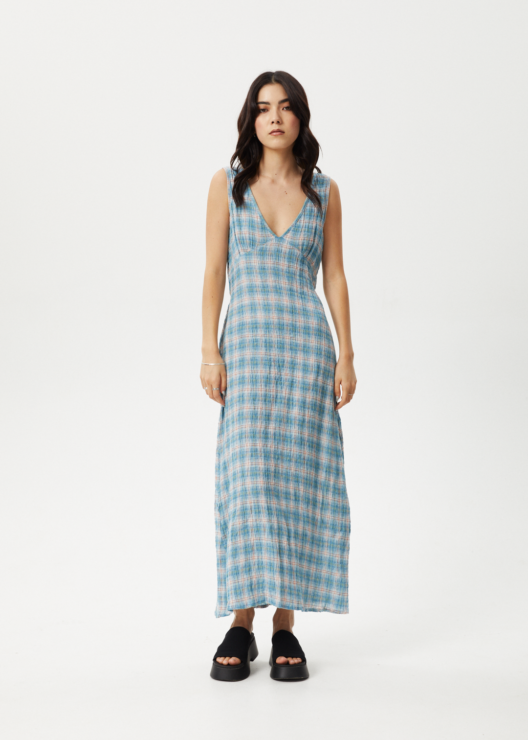 AFENDS Womens Position - Seersucker Check Maxi Dress - Lake Check 