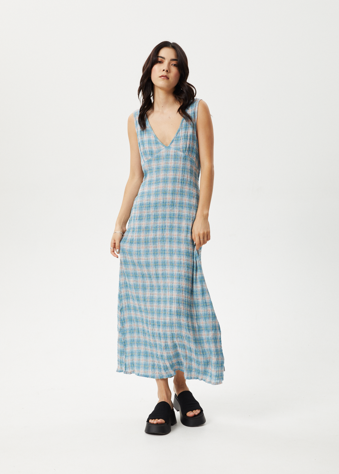 AFENDS Womens Position - Seersucker Check Maxi Dress - Lake Check 