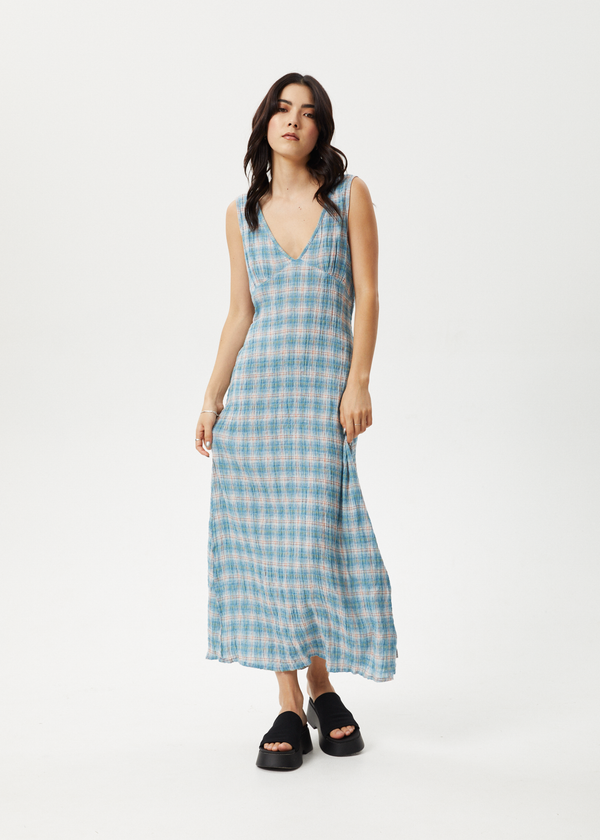 Afends Womens Position - Seersucker Check Maxi Dress - Lake Check