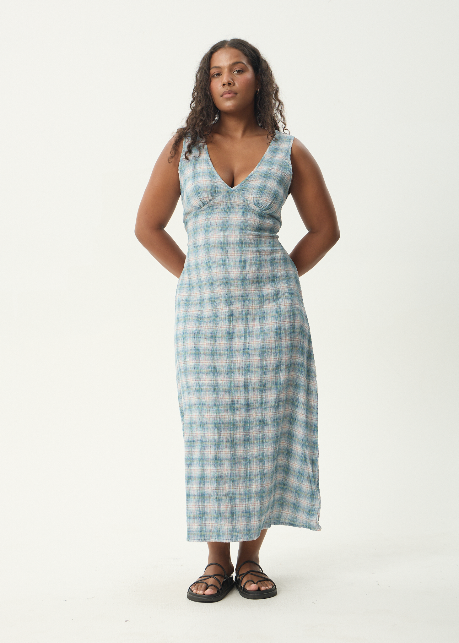 AFENDS Womens Position - Seersucker Maxi Dress - Lake Check AFENDS Womens Position - Seersucker Maxi Dress - Lake Check