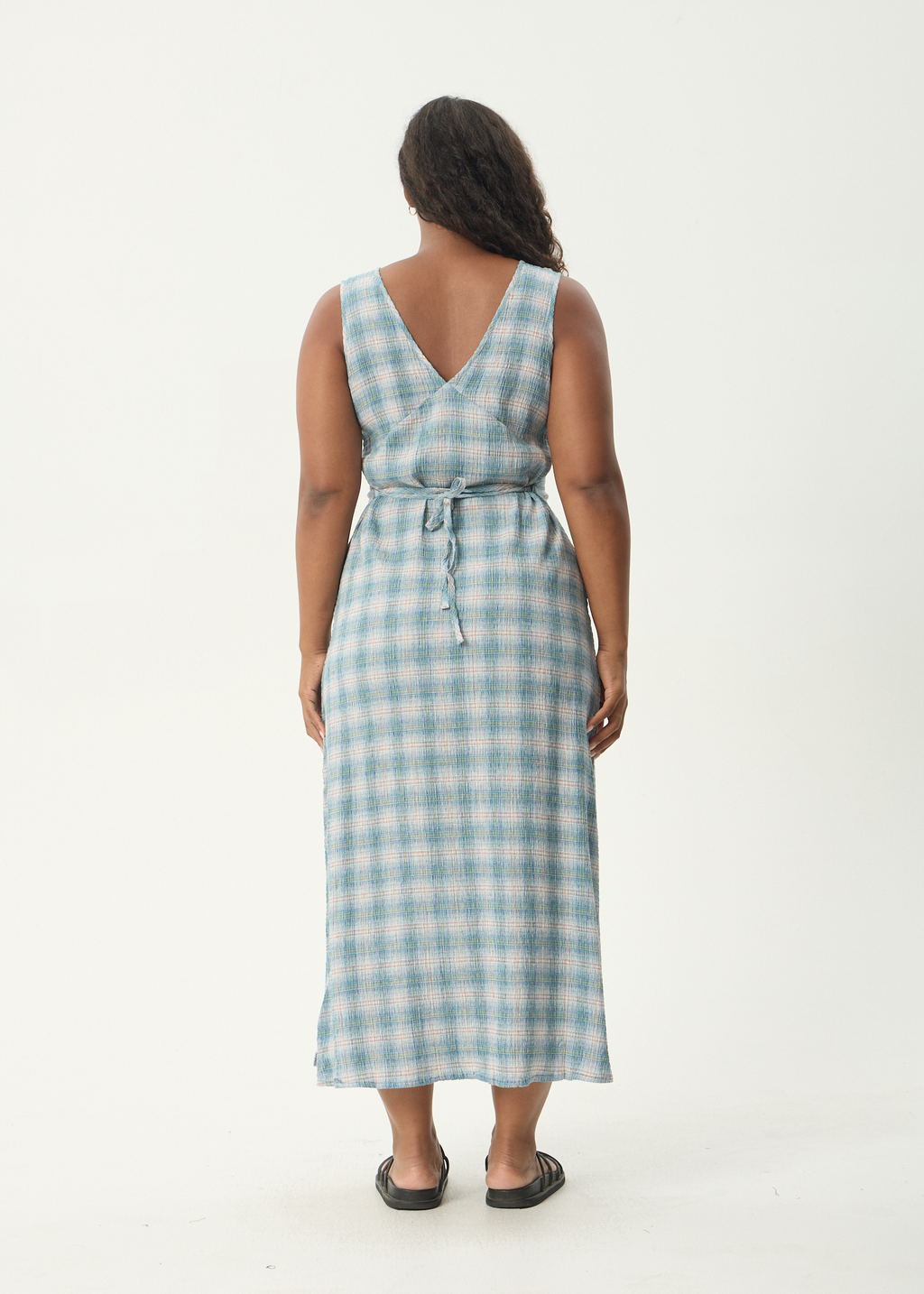 afends dress measurements AFENDS Womens Position - Seersucker Maxi Dress - Lake Check