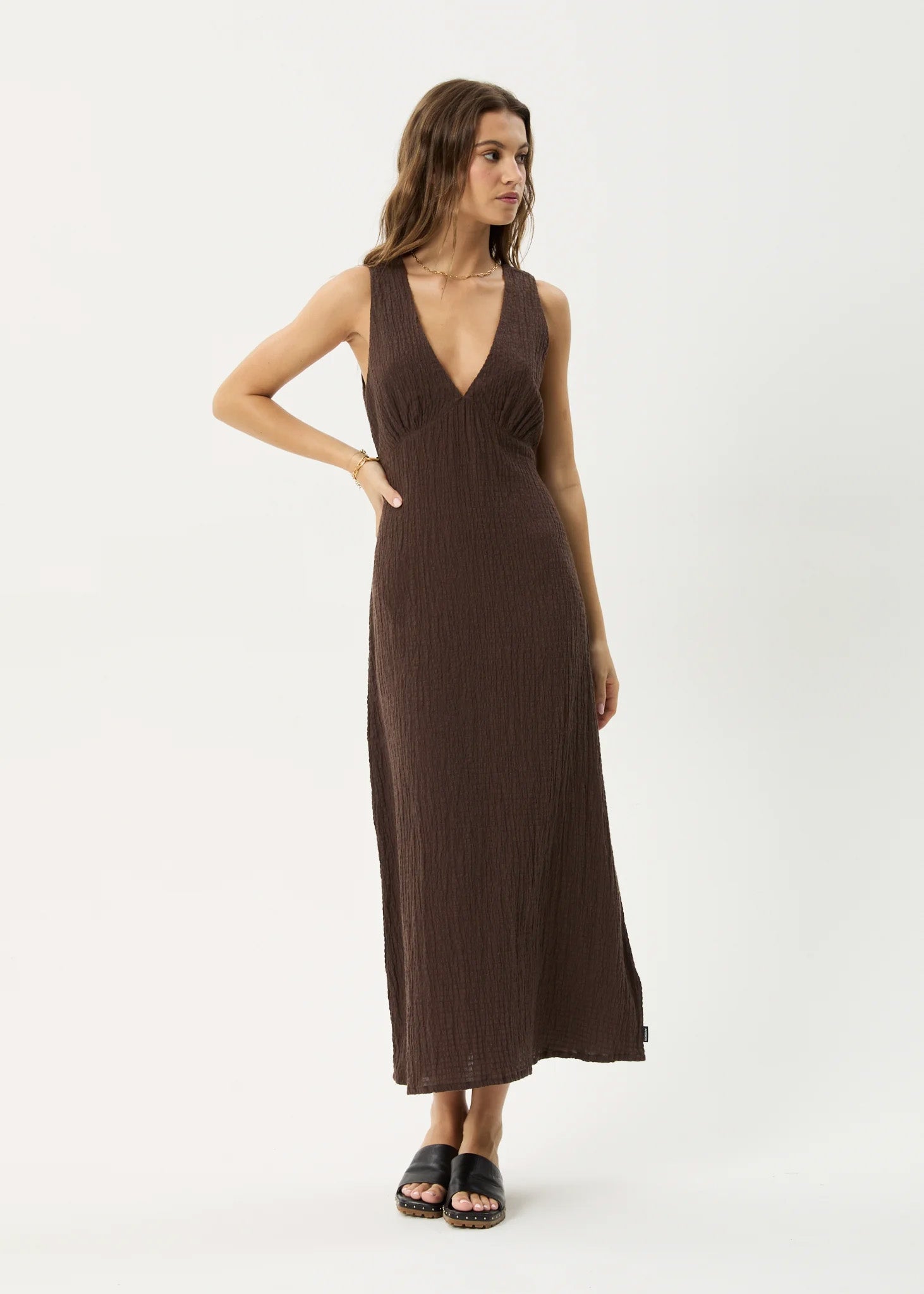 AFENDS Womens Focus Tully - Seersucker Maxi Dress - Coffee